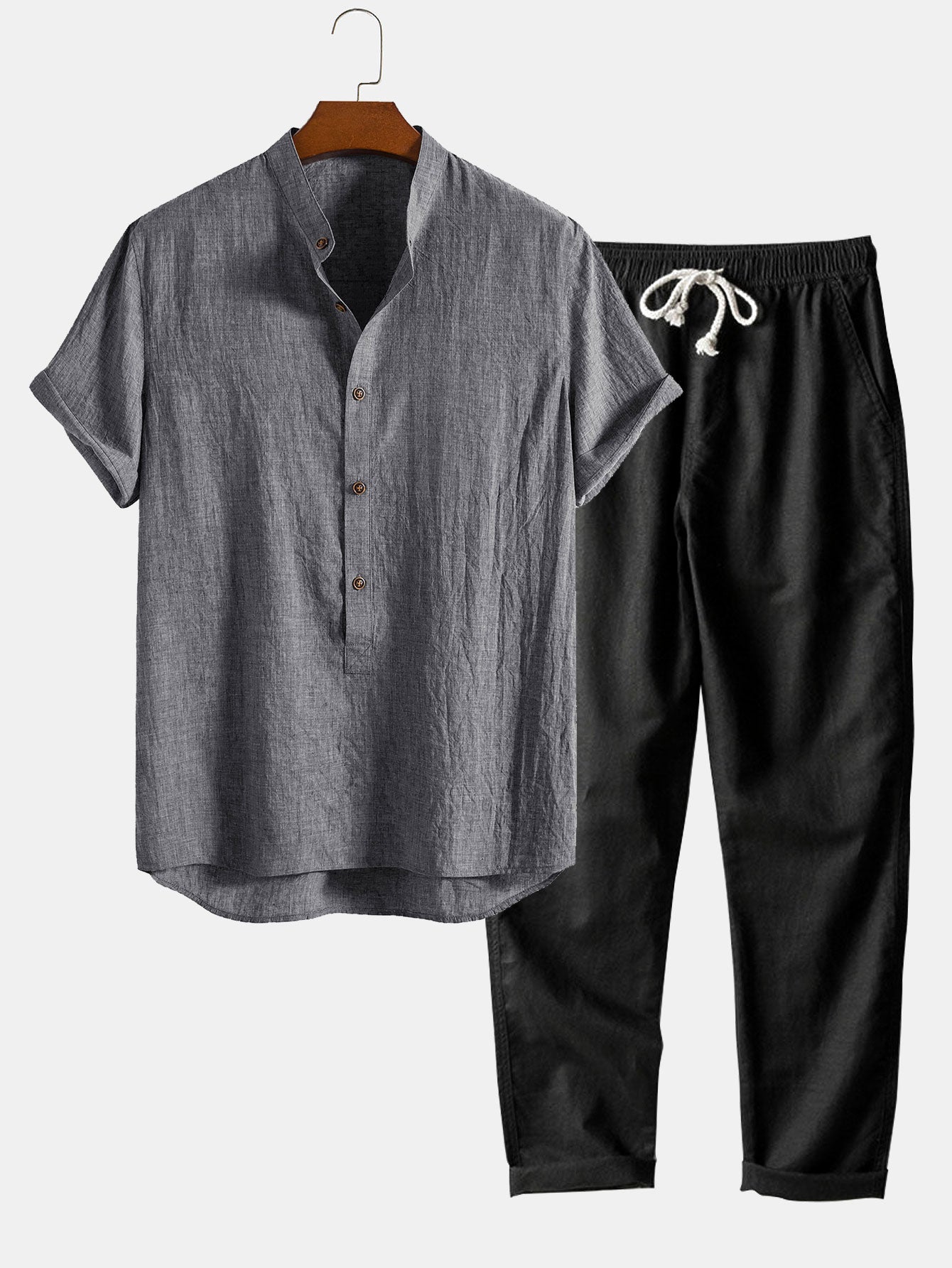 Chemise à manches courtes, demi-boutonnée, col Henley et pantalon droit en lin