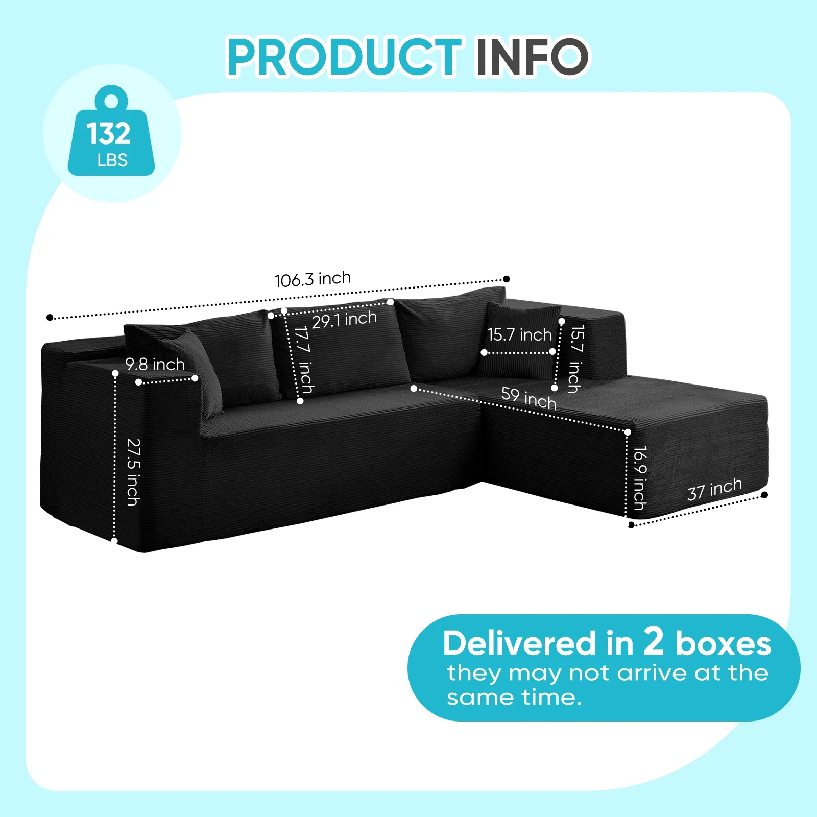 106" Cloud Sectional Couch with Chaise, No Assembly Required L Shaped Sleeper Sofa, Oversized Deep Seat Modular Couches and Sofas for Living Room Right, Black(Right Chaise/Black) Image 2