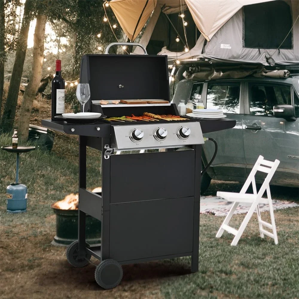 Highsound 3 Burner BBQ Propane Gas Grill, Stainless Steel 25650 BTU Patio Garden Barbecue Grill with Thermometer, Black