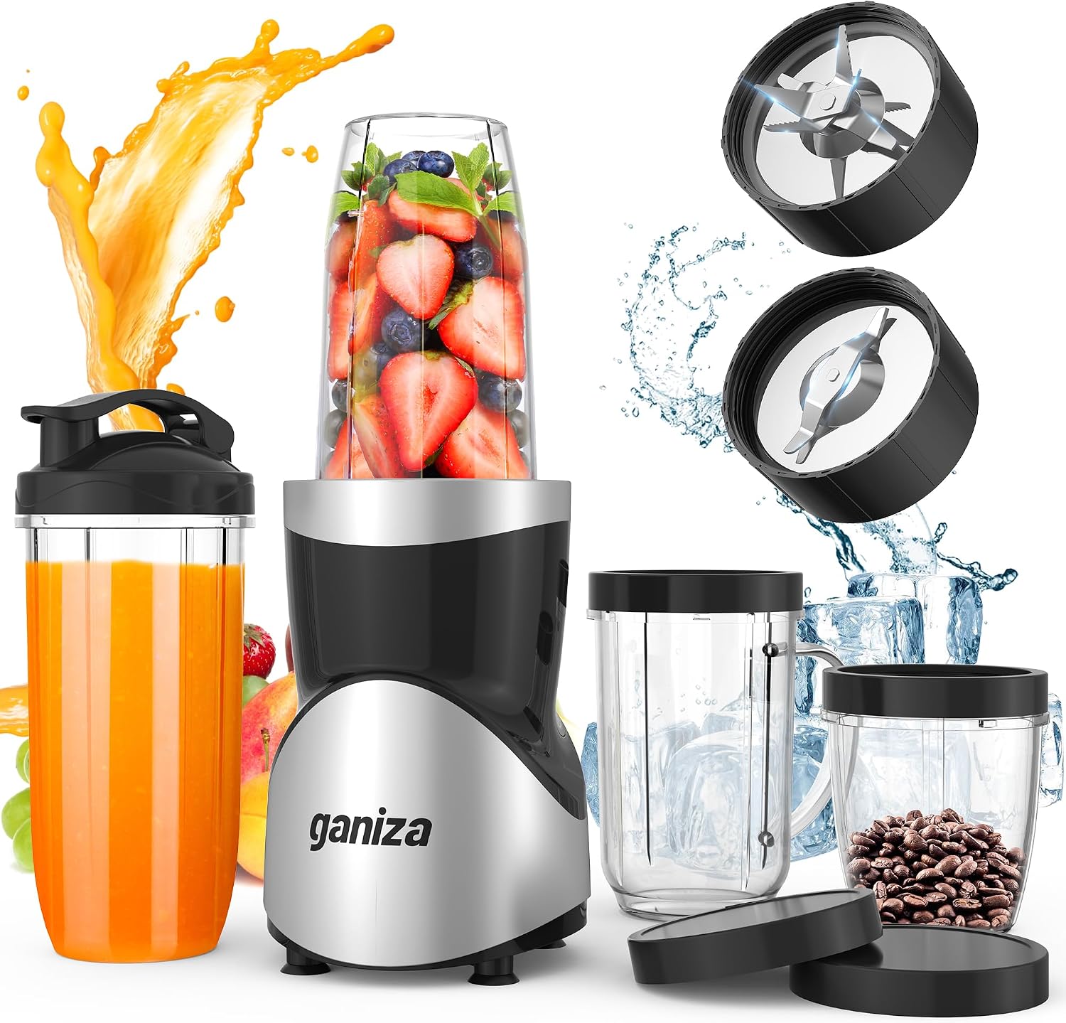 Ganiza Smoothie Blender, 900W Blenders for Shakes and Smoothies| 15-Piece Personal Blender and Grinder Combo for Kitchen, Smoothies Maker with 4 BPA-Free Portable Cups, Nutritious Recipe