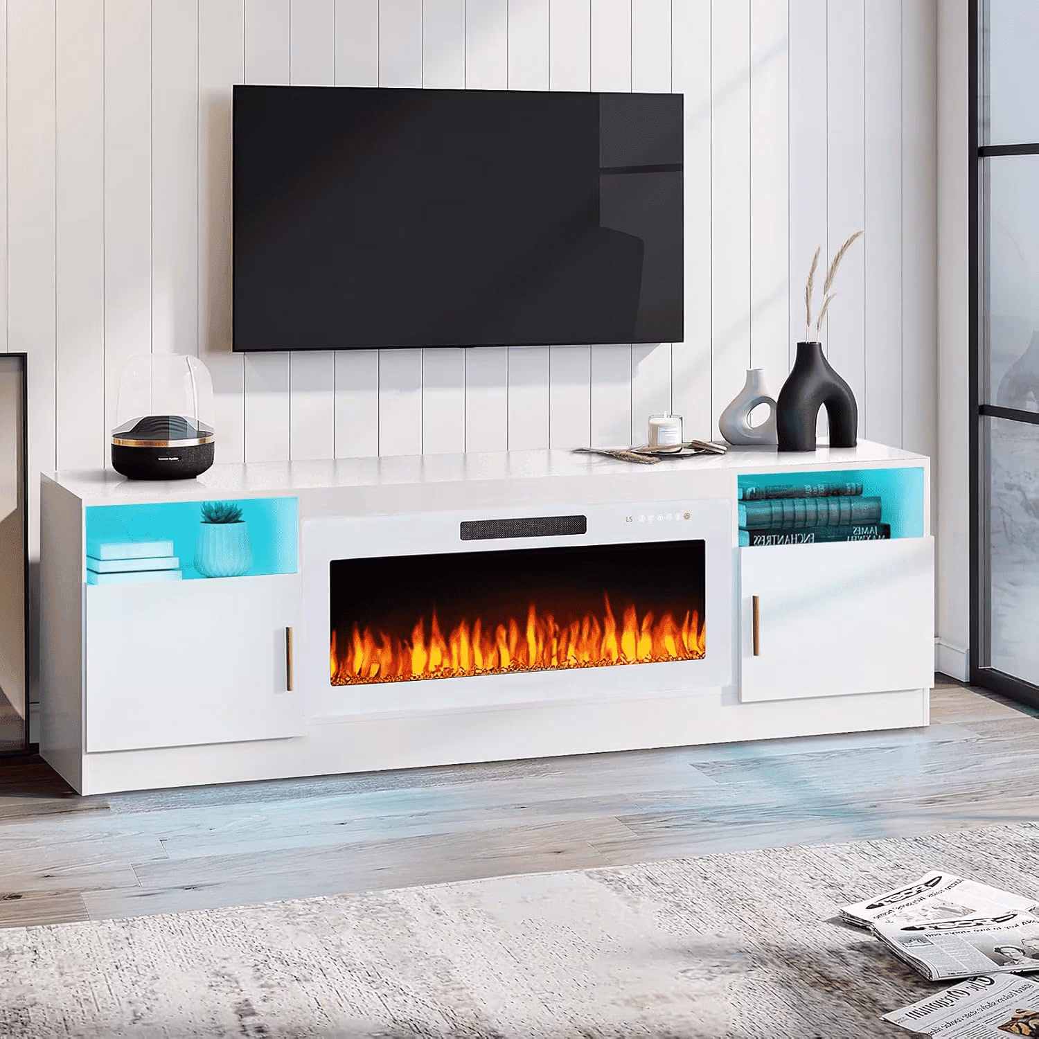 Fireplace tv Stand with 36 inch Fireplace Up to 80" TVs,LED Light Entertainment Center and Storage(70" Wood Composite/White) - Image 7