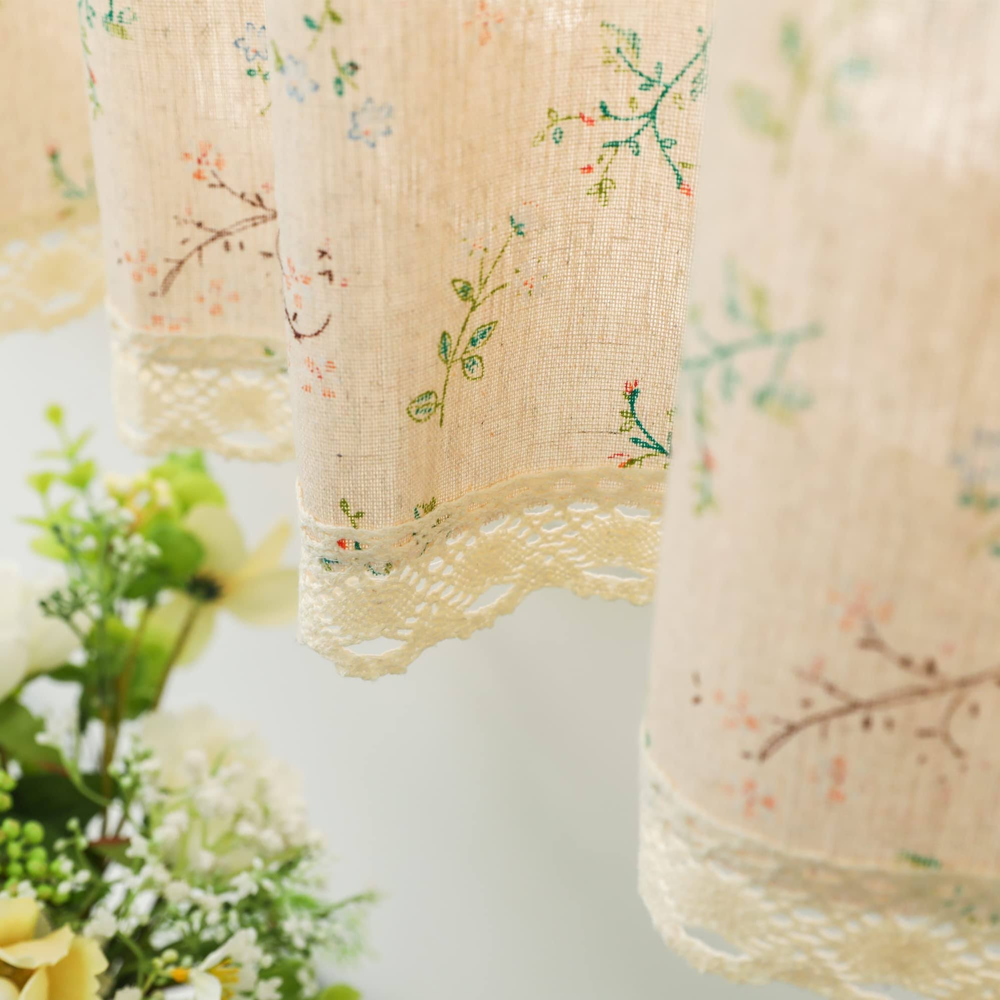 Moslovstar Farmhouse Cotton Linen Tier Curtain 36 inch Long Elegant Floral Lace Window Treatment Kitchen Bathroom Short Curtain, 1 Panel, Little