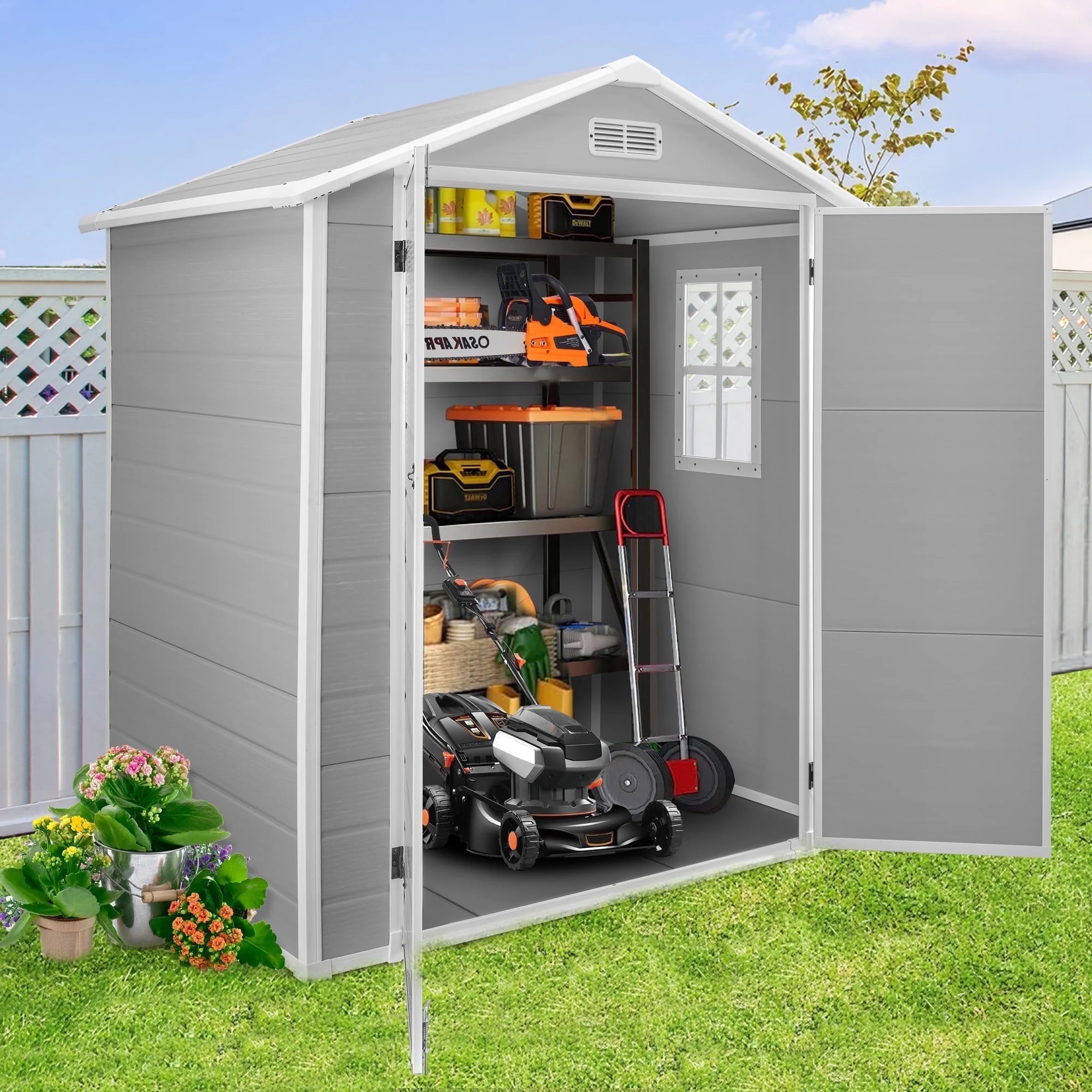6 x 4.4FT Outdoor Storage Shed, All-Weather Plastic Resin Utility Tool Large Shed with Dual Lockable Doors for Patio Backyard Lawn, Gray(6*4 Gray) - Image 10