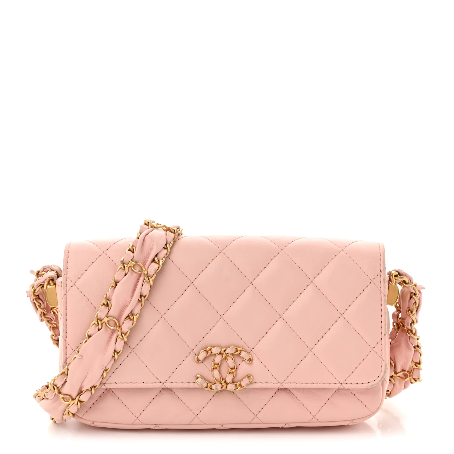 Crumpled Calfskin Quilted Braided CC Mini Flap Light Pink
