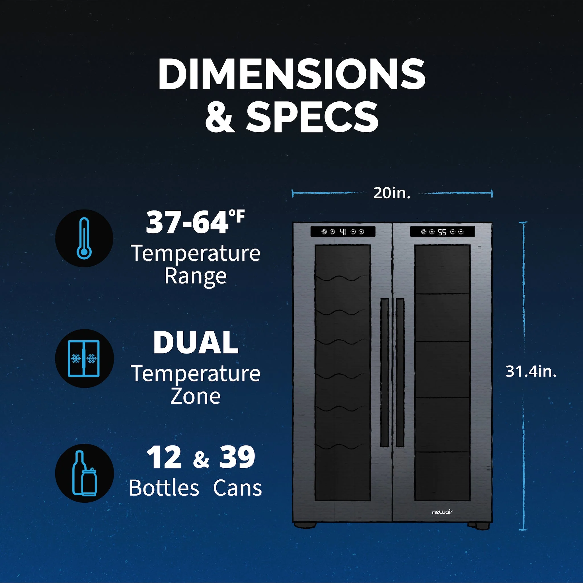 Newair 39-Can, 12-Bottle Freestanding Dual Zone Beverage Fridge -20