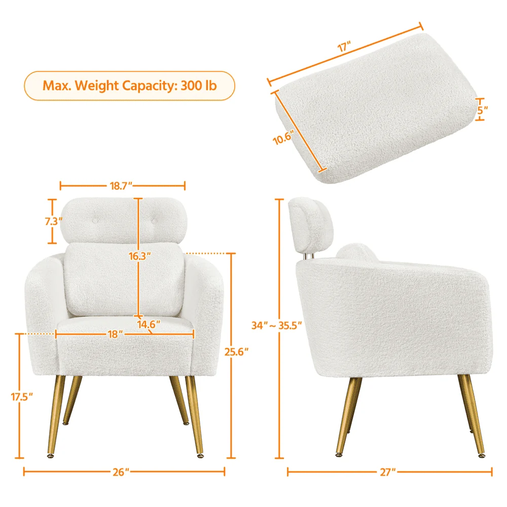 Yaheetech Upholstered Boucle Barrel Accent with Adjustable Headrest,White(Dark Gray)