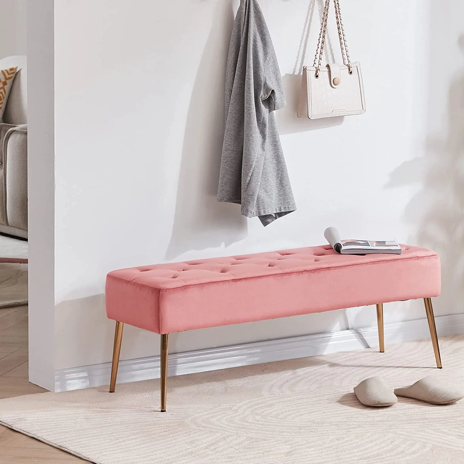 Duhome Elegant Lifestyle Modern Velvet Bench Ottoman, Upholstered Bench for Entryway Bedroom, Tufted End of Bed Bench, Pink(Atrovirens)