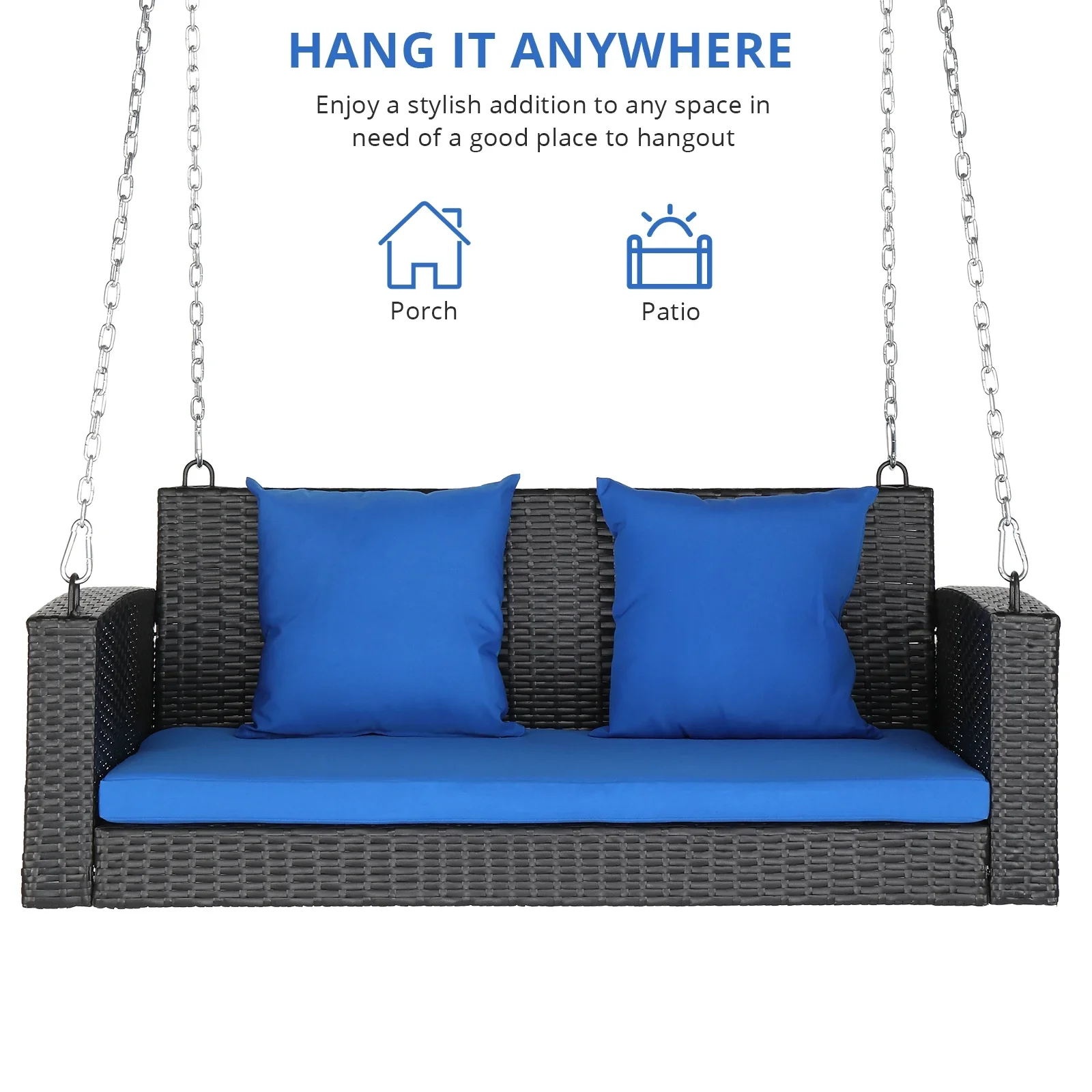 SamyoHome Garden Swing Rattan Wicker  Hanging Swing Bench w/ Blue Cushion