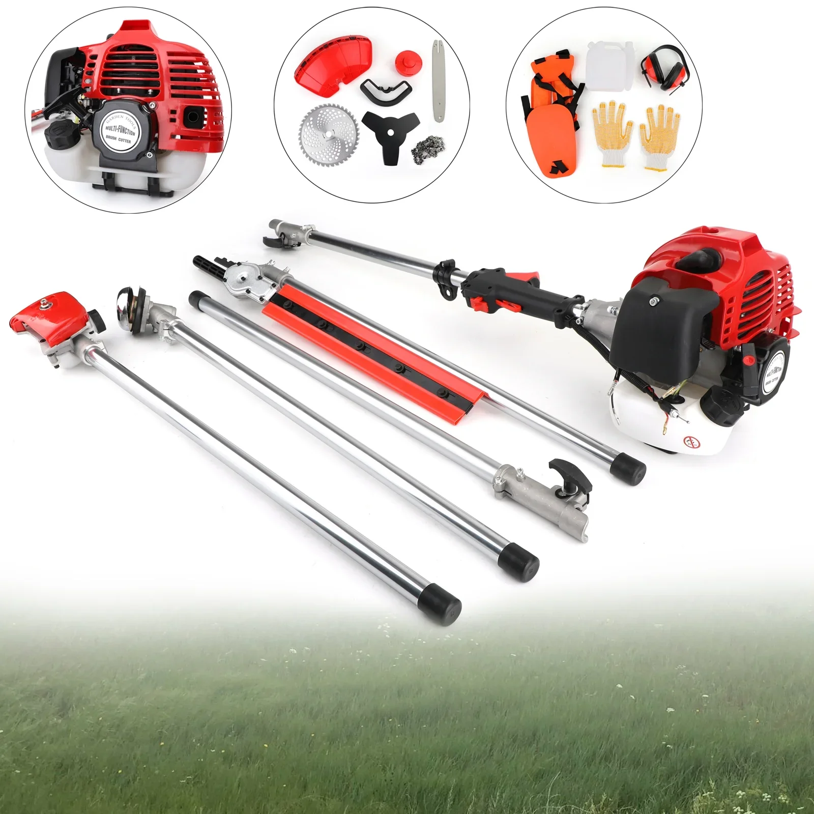 TOPTENG 52cc 2 Stroke 5 in 1 Gas Engine Multi Garden Tool, Hedge & String Trimmer, Brush Cutter, Edger, Pole Saw Chainsaw Pruner with Extension Pole, Trimming Combo Brushcutter Kit for Yard Lawn Care