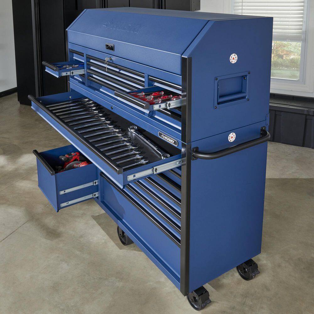 Ensemble coffre à outils roulant robuste à 23 tiroirs et armoire à outils supérieure, 2025, 142 cm L x 56 cm P, bleu mat