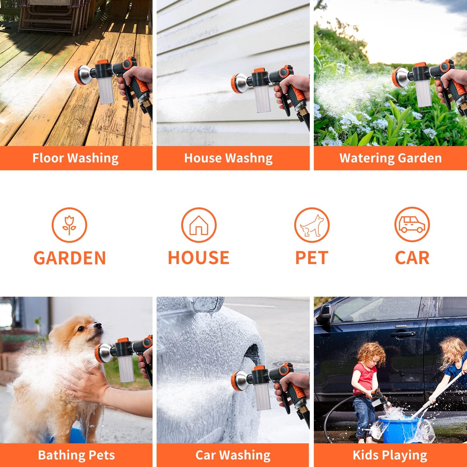 Garden Hose Nozzle, 8 Patterns High Pressure Hose Sprayer, Heavy Duty Dog Wash, Metal Water Hose Nozzle with Soap Dispenser, Car Wash Foam Gun with Car Wash Mitt