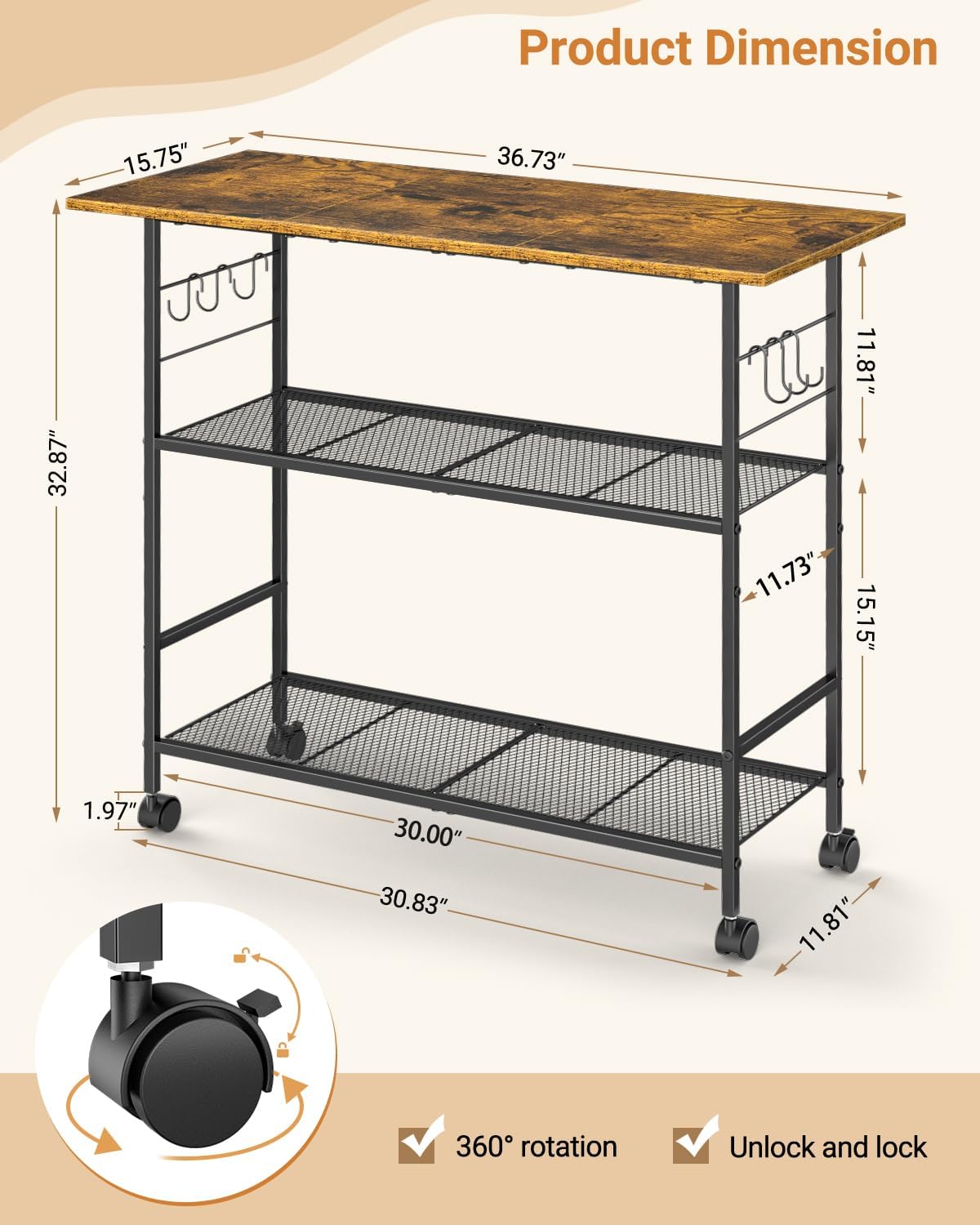 Kitchen Island with 3 Shelves, Rolling Kitchen Cart with 6 Hooks and Protective Shelf, Microwave Stand on Lockable Wheels, Bakers Rack Coffee Bar for Dining, Living Room, Outdoor, Metal Frame