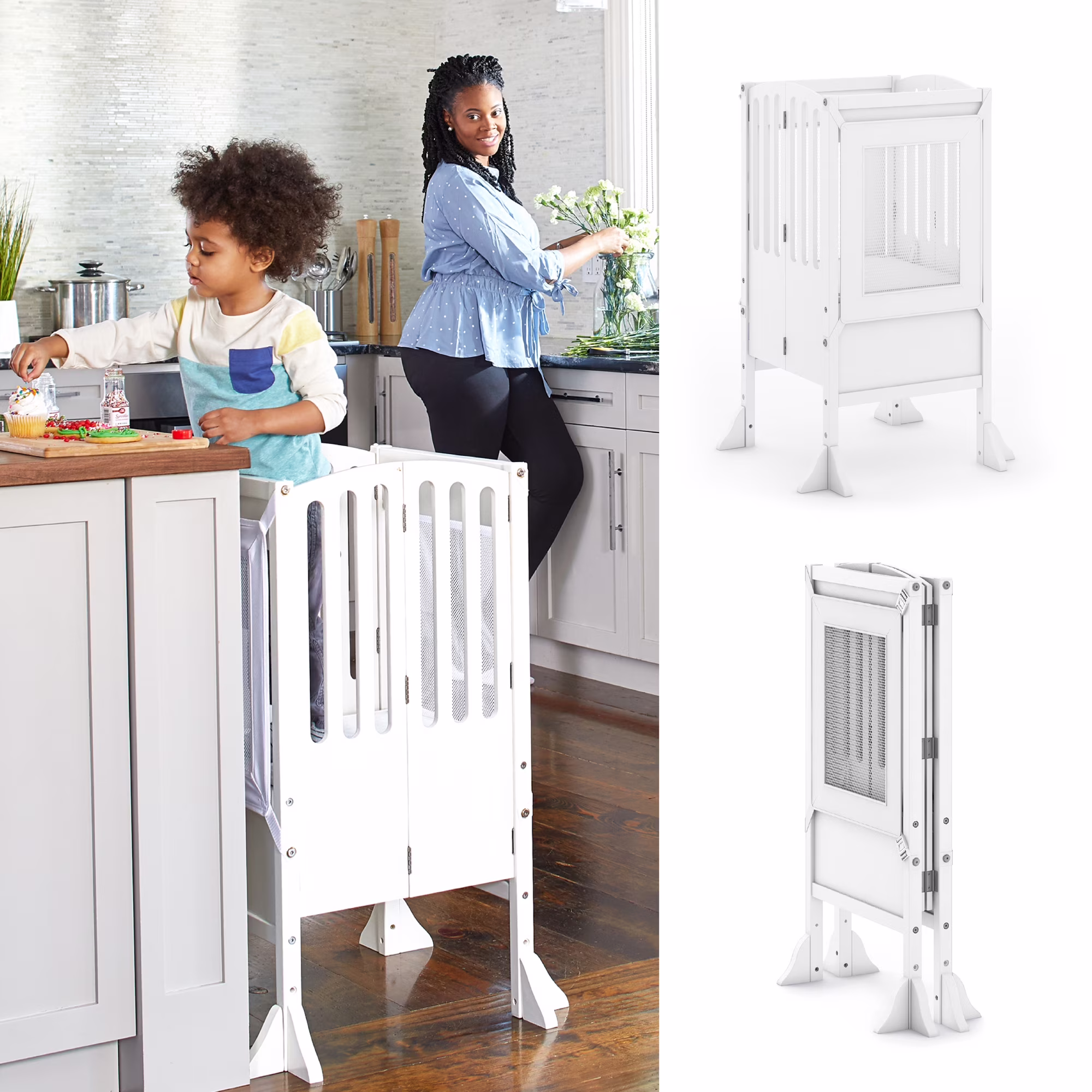 Contemporary Kitchen Helper Step Stool White: Adjustable, Folding Montessori Toddler Tower Safety Learning Furniture(White)