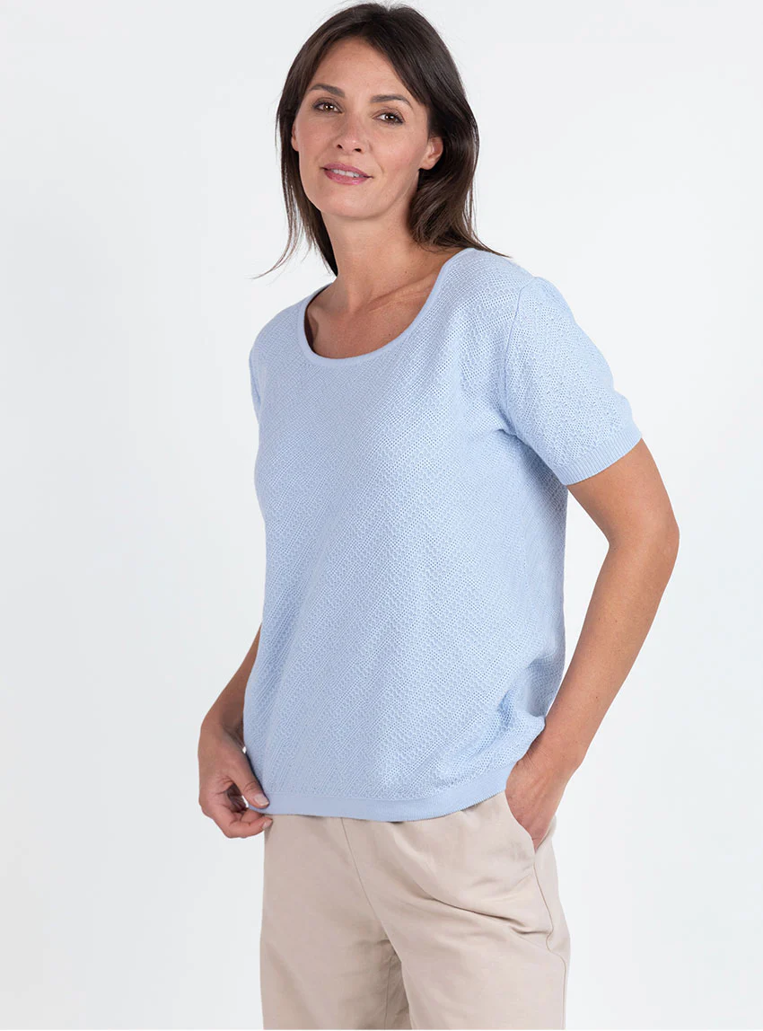 Pull femme manches courtes coton bleu azur