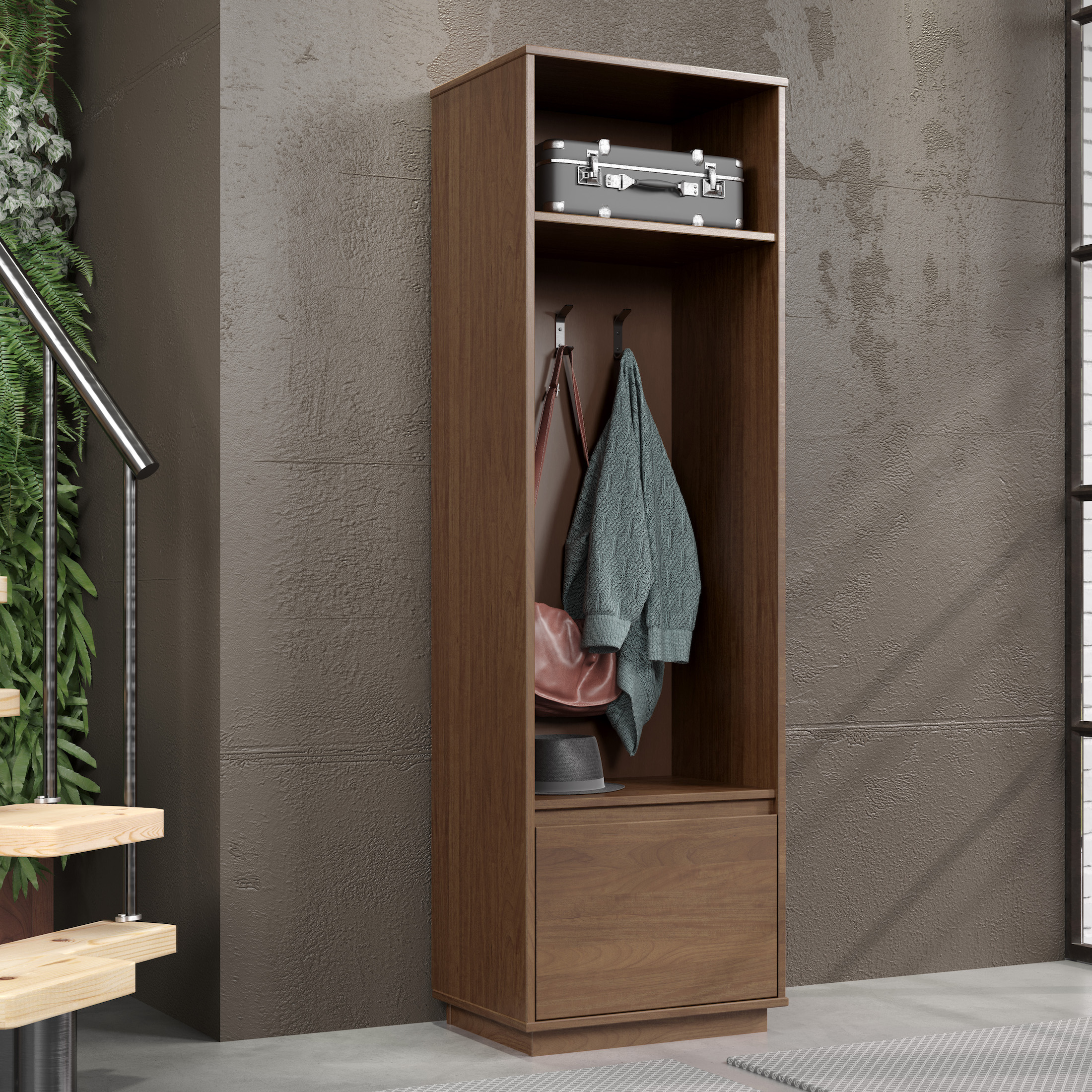 Linon Winston Mid-Century Hall Tree with Cubby and 3 Hooks, Walnut