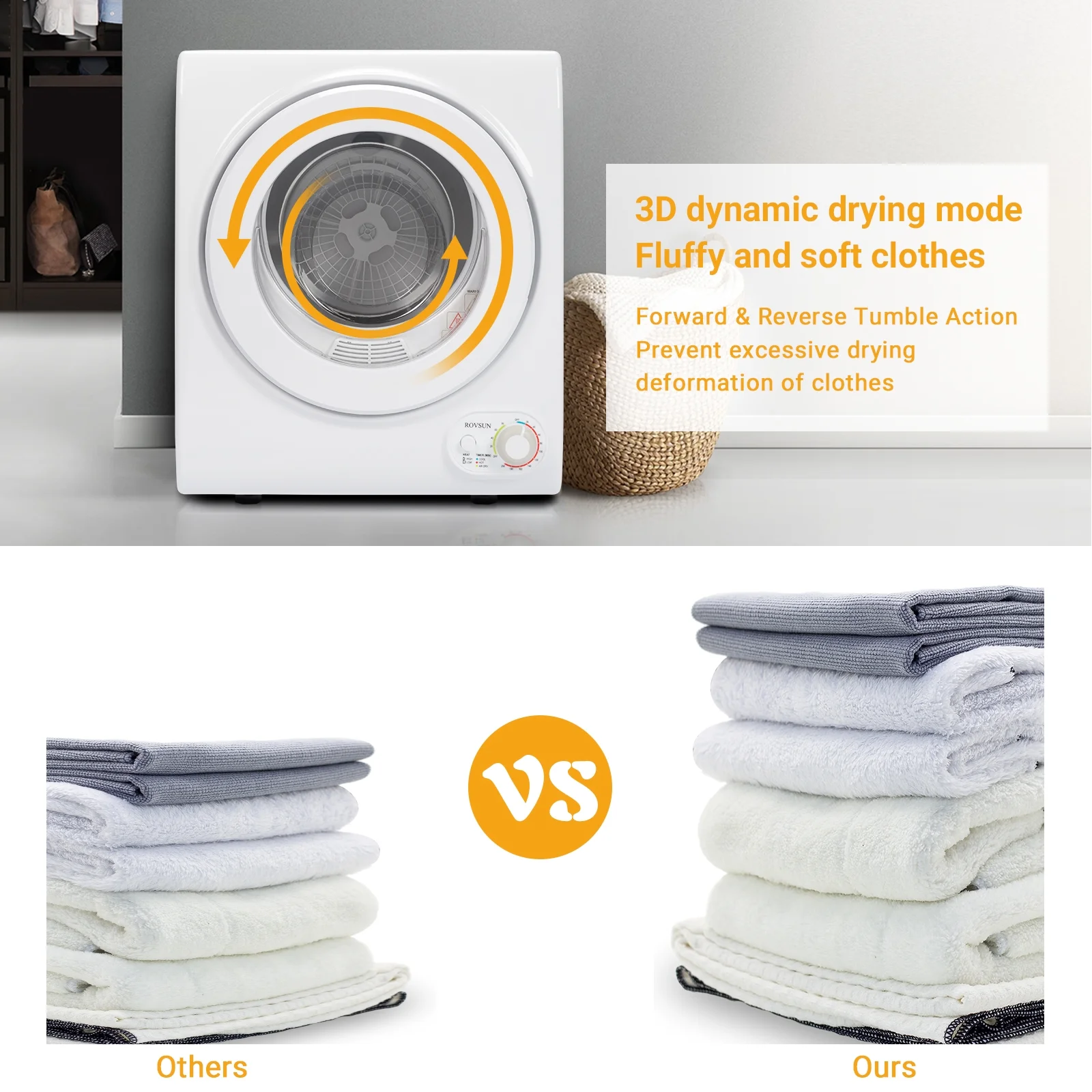 RovSun 110V White Stainless Steel Electric Tumble Dryer(Classic Knob Control)