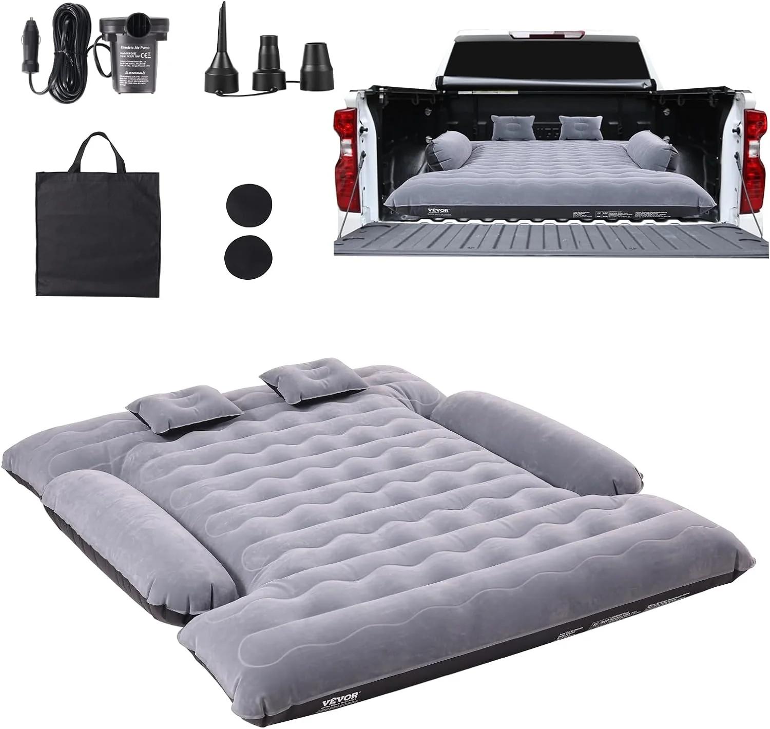 Full-Size Truck Bed Air Mattress 5.5–5.8ft, 12V Pump, 2 Pillows & Carry Bag