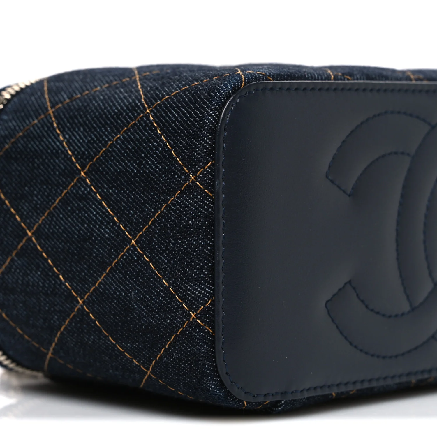 Denim Quilted Vanity Case With Chain Dark Blue Orange