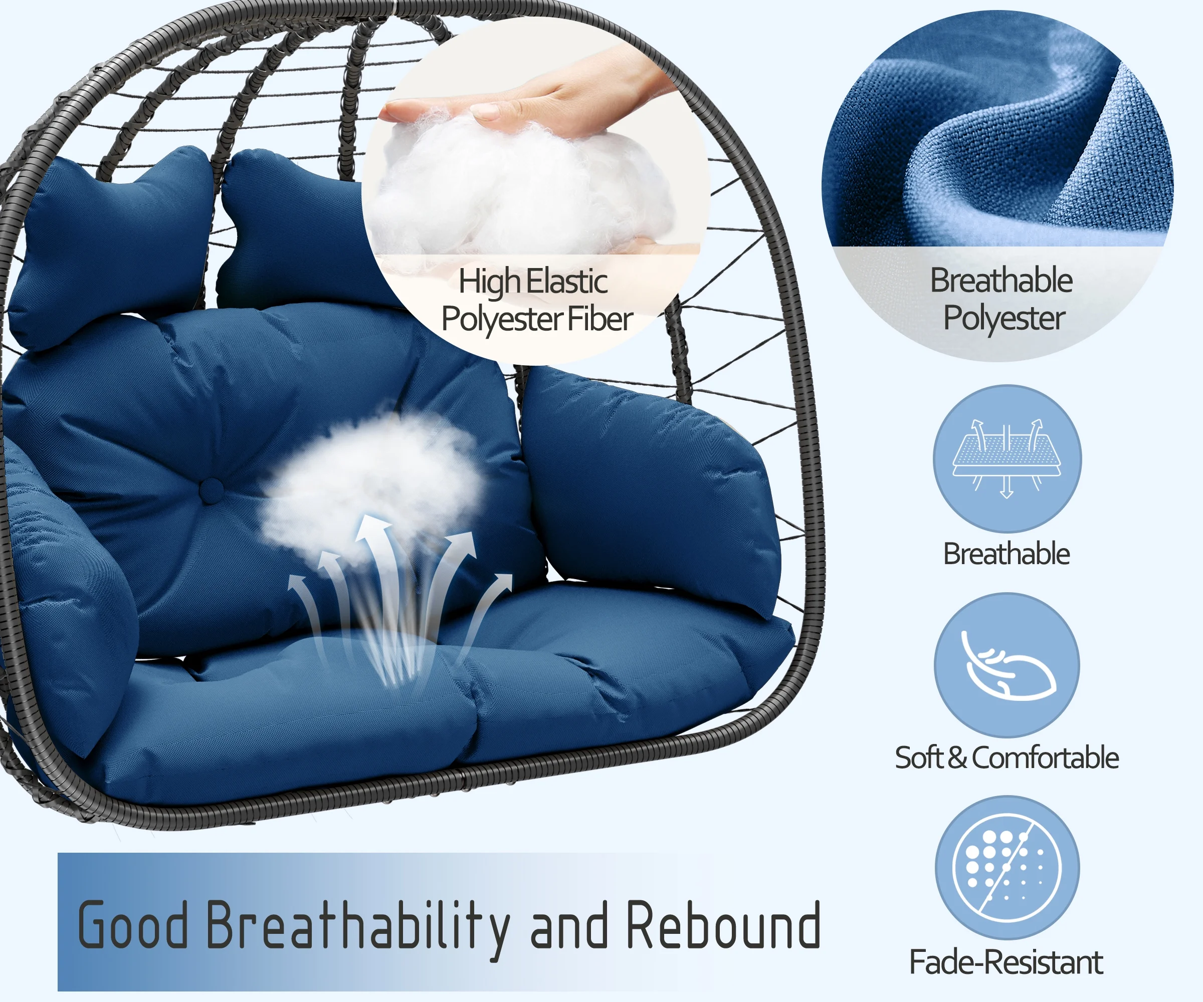 Double Wicker Swing Egg Chair Hammock Foldable Hanging Loveseat with Stand, UV Resistant Removable Cushions, 700LBS Capacity for Bedroom, Balcony (Black and Beige)(Black and Beige) - Image 10
