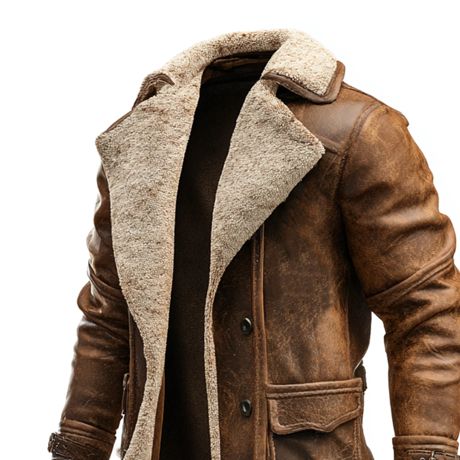 Manteau en Cuir Marron Vintage avec Doublure en Fourrure Synthétique