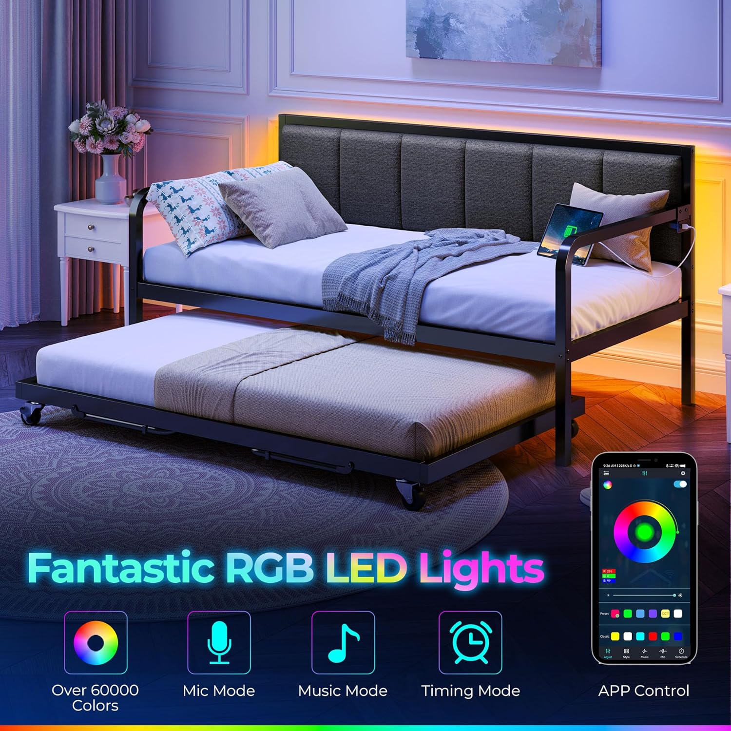 Lit de jour Rolanstar avec station de recharge et éclairage LED, lit de jour double réglable en hauteur