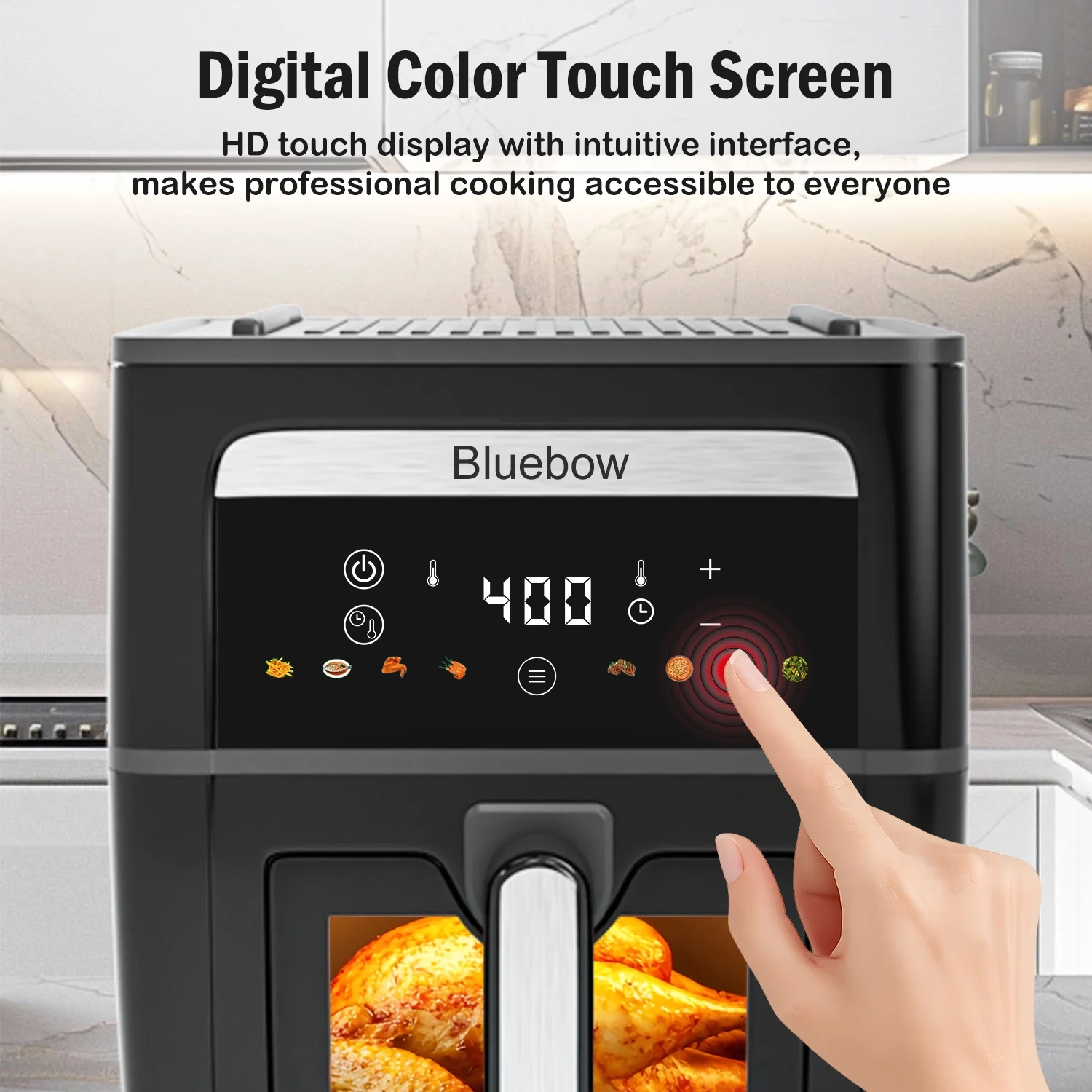 Bluebow 9QT Air Fryer & Grill Pan Combo, Large Capacity, 8 Preset Functions, Non Toxic, Non - Stick, View Window, Black