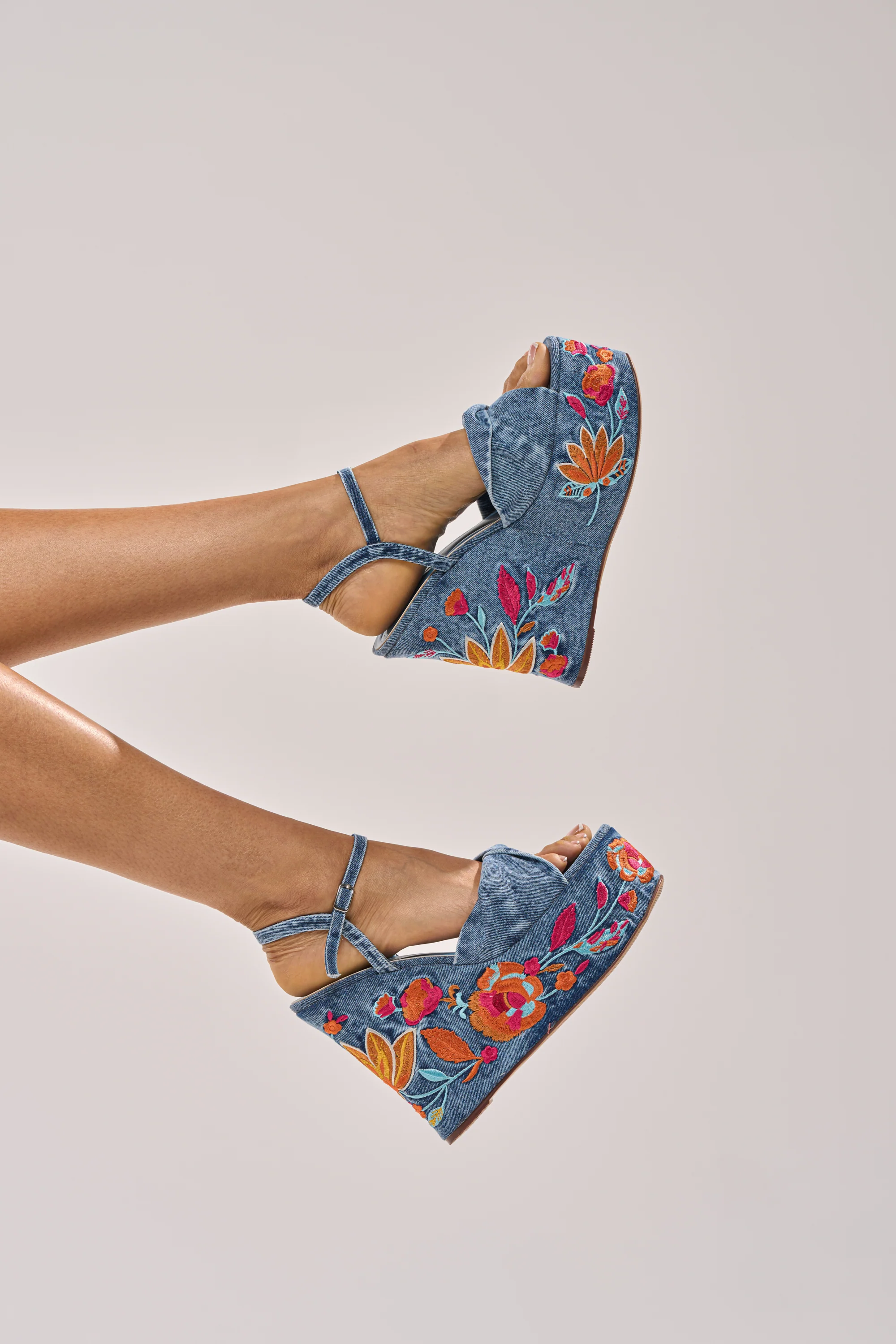 AZALEA WANG TIALA DENIM FLORAL EMBROIDERED STRAP WEDGE SANDAL - Akira Store