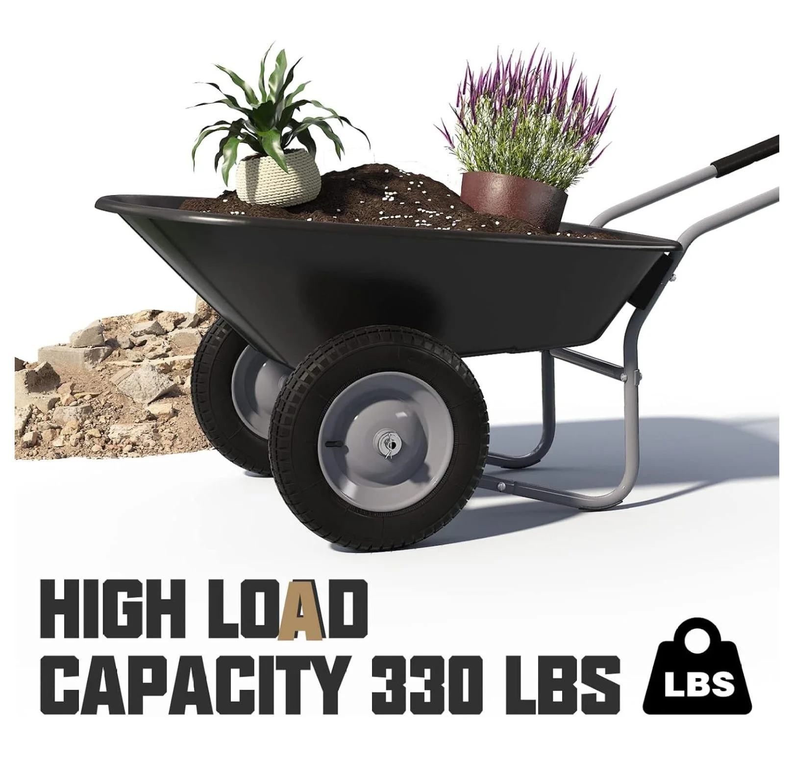 Krikac Enlarged 2 - Wheel Wheelbarrow, Easy Loading and Dumping Garden Cart, Heavy Duty Utility Dump Cart for Outdoor Lawn Yard Farm Ranch, Black