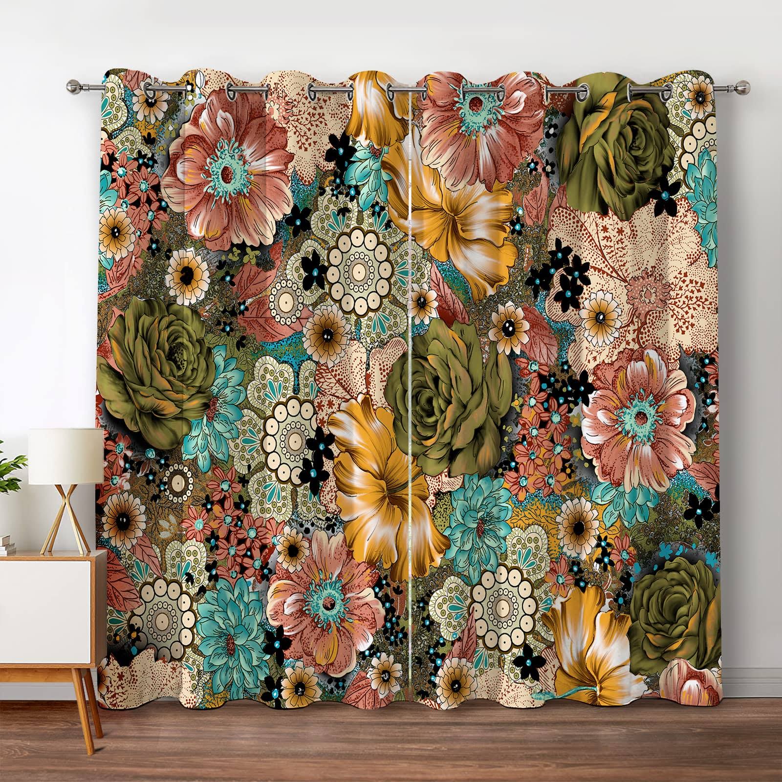Jekeno Boho Floral Blackout Curtains Colorful Flowers Bohemian Decor for Bedroom Living Room Grommet Window Drapes 2 Panel Set, 52