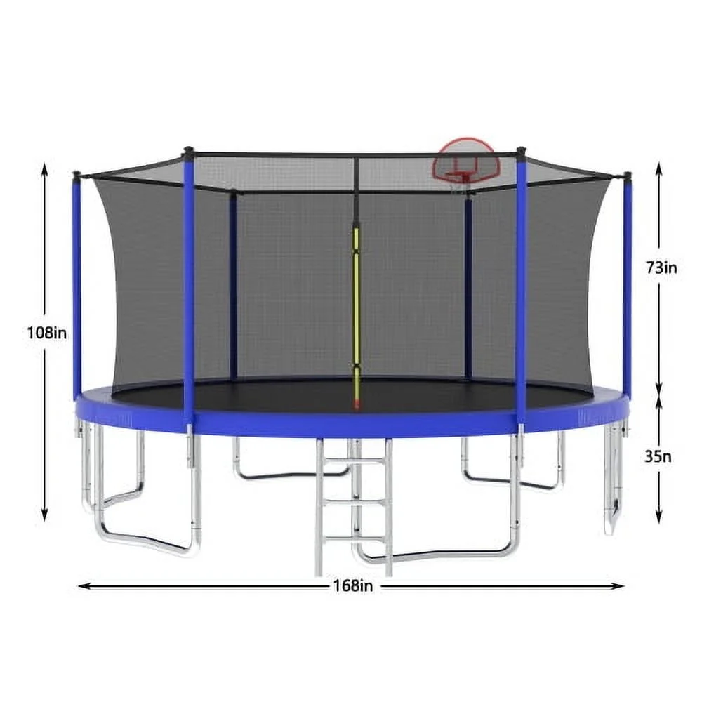 14FT Trampoline for Kids and Adults,Outdoor Large Recreational Trampoline with Ladder and Basketball Hoop,Blue - Image 4