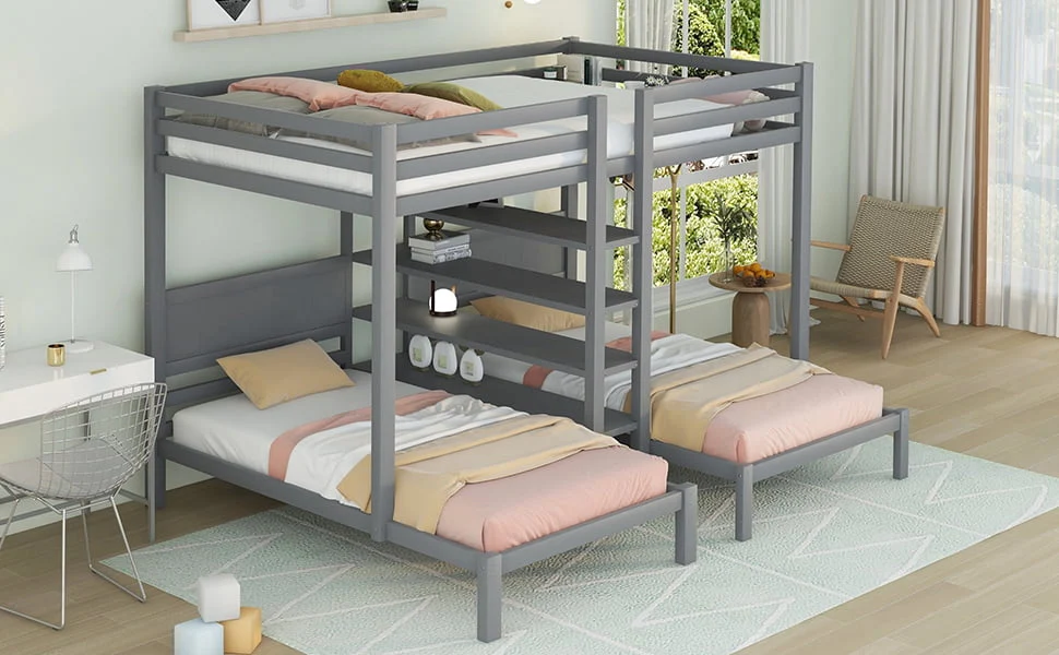 EUROCO Full XL over Twin Twin Bunk Bed with Shelf for Kids, Gray Image 4