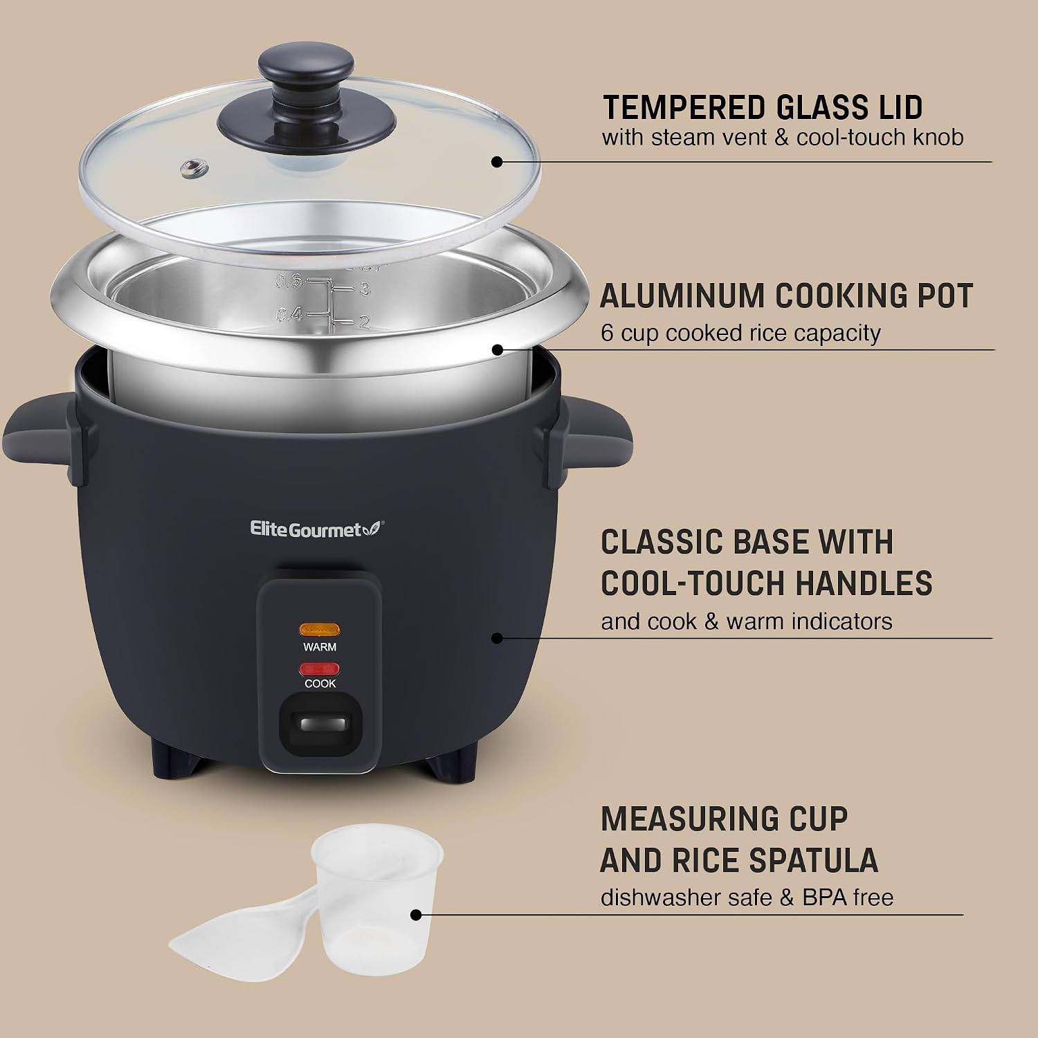 Elite Gourmet ERC003BX Rice Cooker, Keep Warm, Black, 6 Cups Cooked