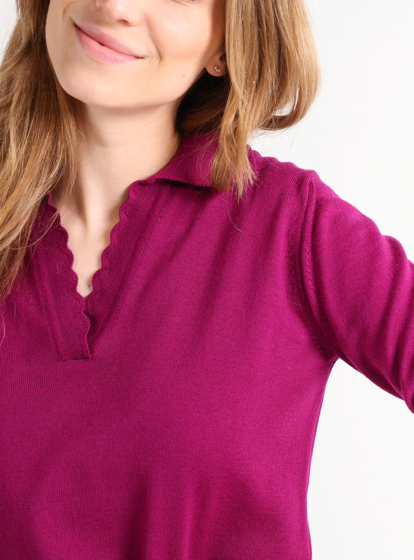 Pull col polo femme en laine mérinos violet