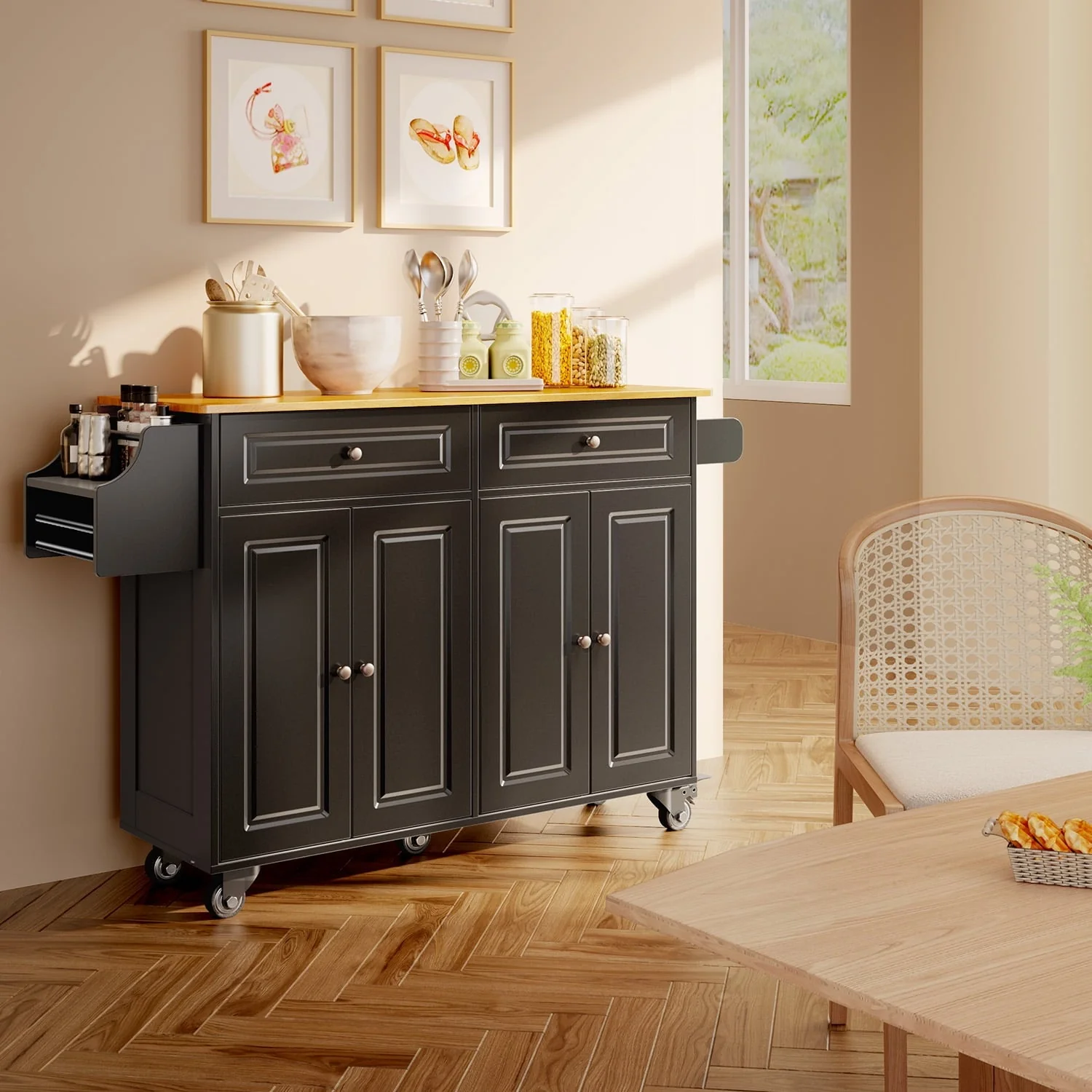 Kitchen Island with Storage, Kitchen Island Cart with Drop Leaf, Black(Black) Image 5