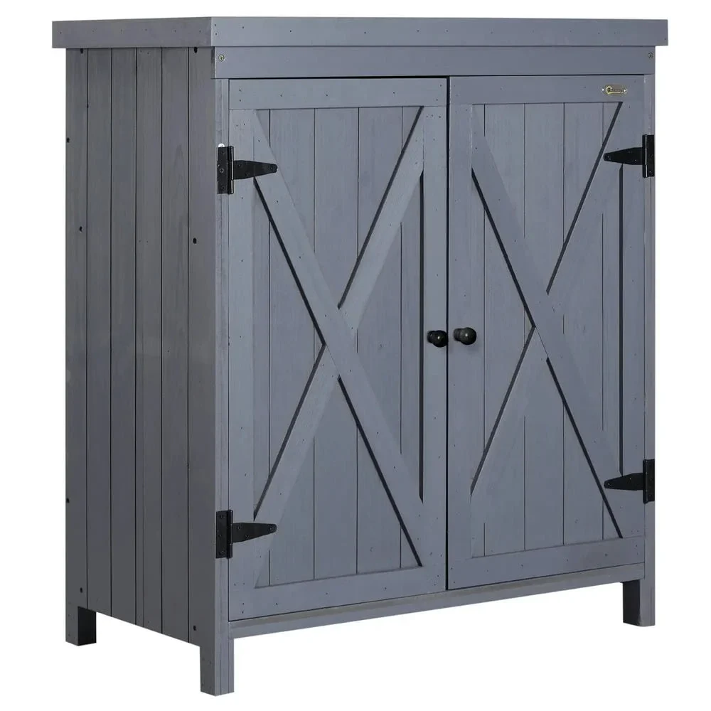 Spaco Garden Storage Cabinet, Outdoor Tool Shed with Galvanized Top and Two Shelves, Yard Tools or Pool Accessories, Gray