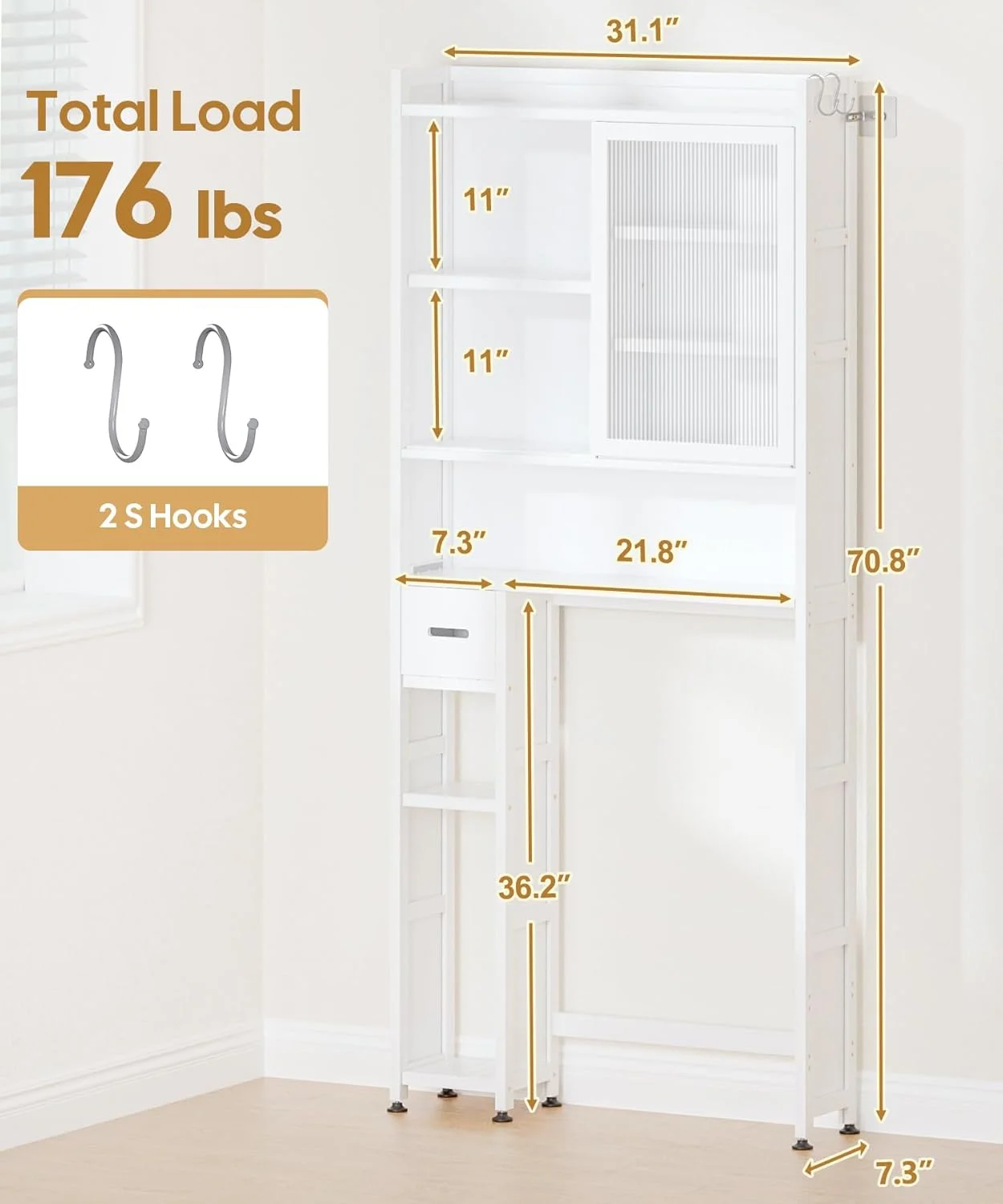 Over the Toilet Storage Cabinet with Acrylic Door Panel and Paper Towel Drawer, Bamboo Space Saver Shelf, Bathroom Organizer Rack Above WC (without Power Strip, White)