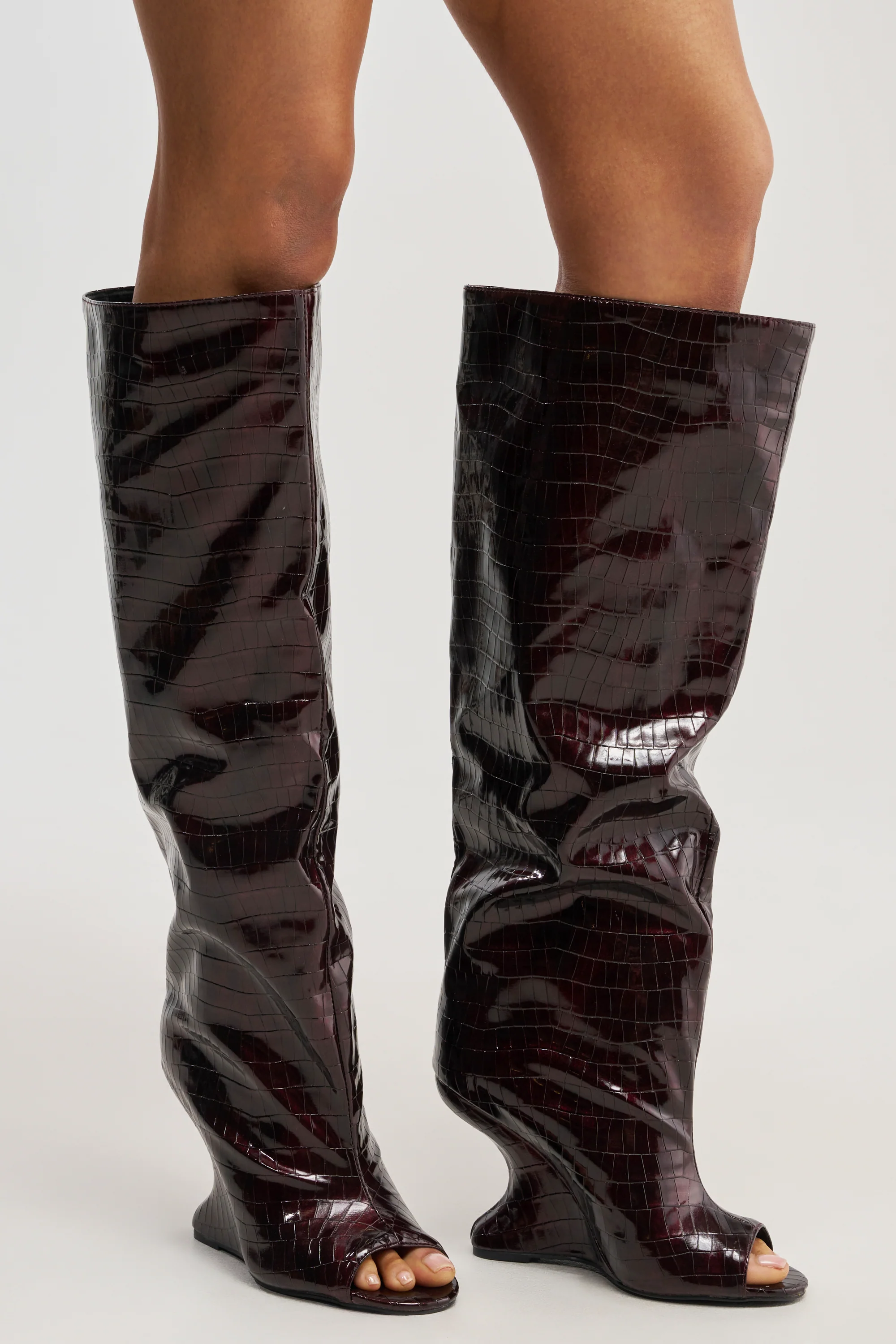 AZALEA WANG VINCENT BURGUNDY CROC OPEN TOE WEDGE BOOT - Akira Store