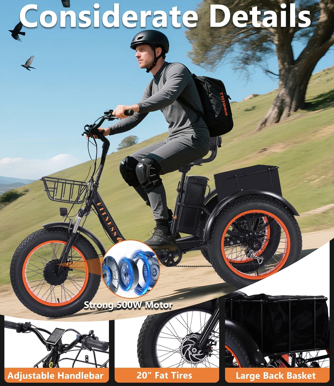 Electric Tricycle for Adults Folding E-Trike Motorized Tricycle Electric 3 Wheels Trike Powerful 500W Motor Electric Tricycle 48V15AH Lithium Battery Max 20MPH 20*4.0” Fat Tire Orange(Black Orange) - Image 8