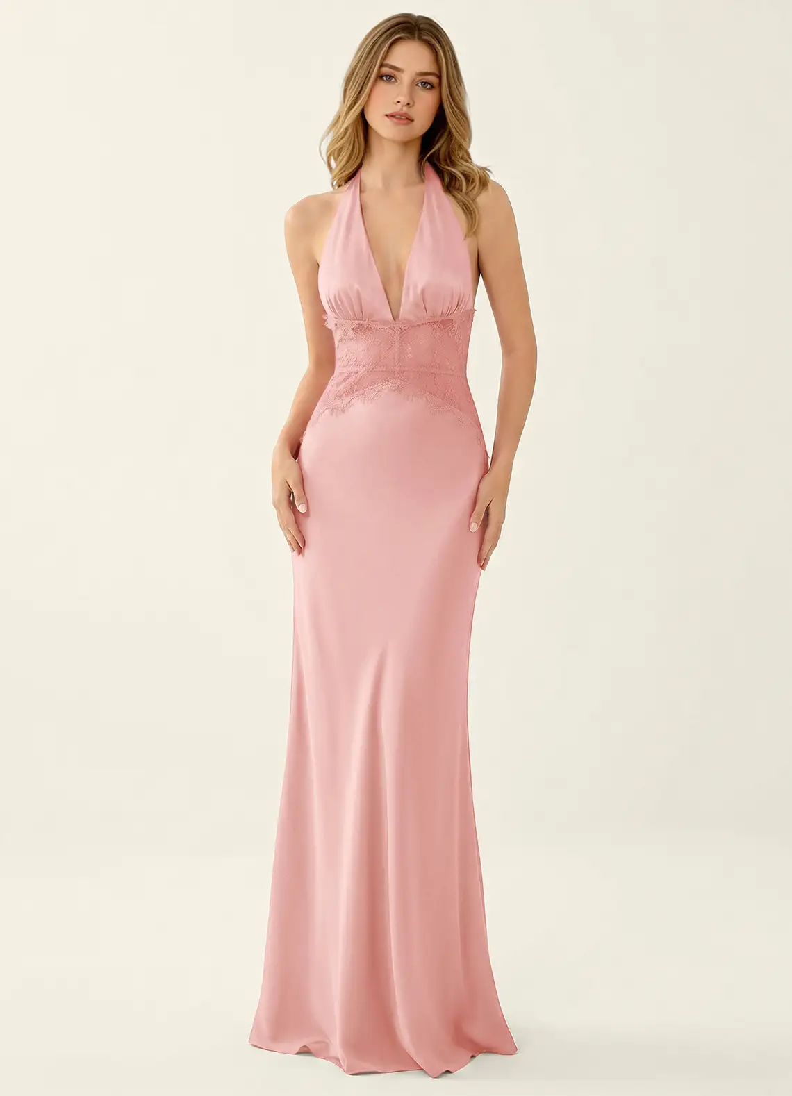 Prudentiana Haze Pink Satin Lace Party Dress