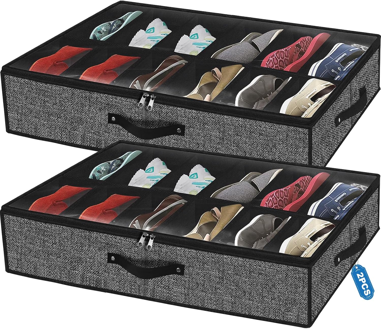 homyfort Under Bed Shoe Storage Organizer for Closet Fits 24 Pairs-Sturdy Underbed Shoe Storage Box Bins, Set of 2 (Linen-like Black)