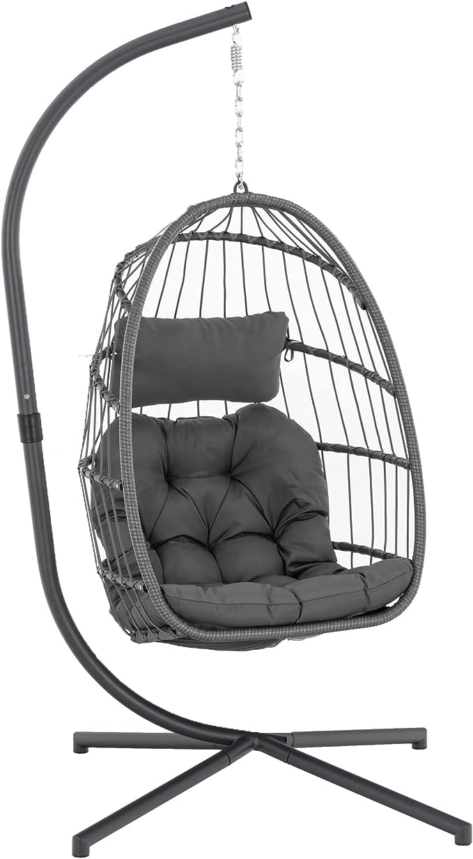 Fauteuil suspendu œuf d'intérieur/extérieur Yechen avec support, balancelle œuf en osier pour patio, fauteuil suspendu d'intérieur, hamac œuf d'extérieur, capacité de 159 kg pour patio, chambre, balcon, gris anthracite (EG-001)