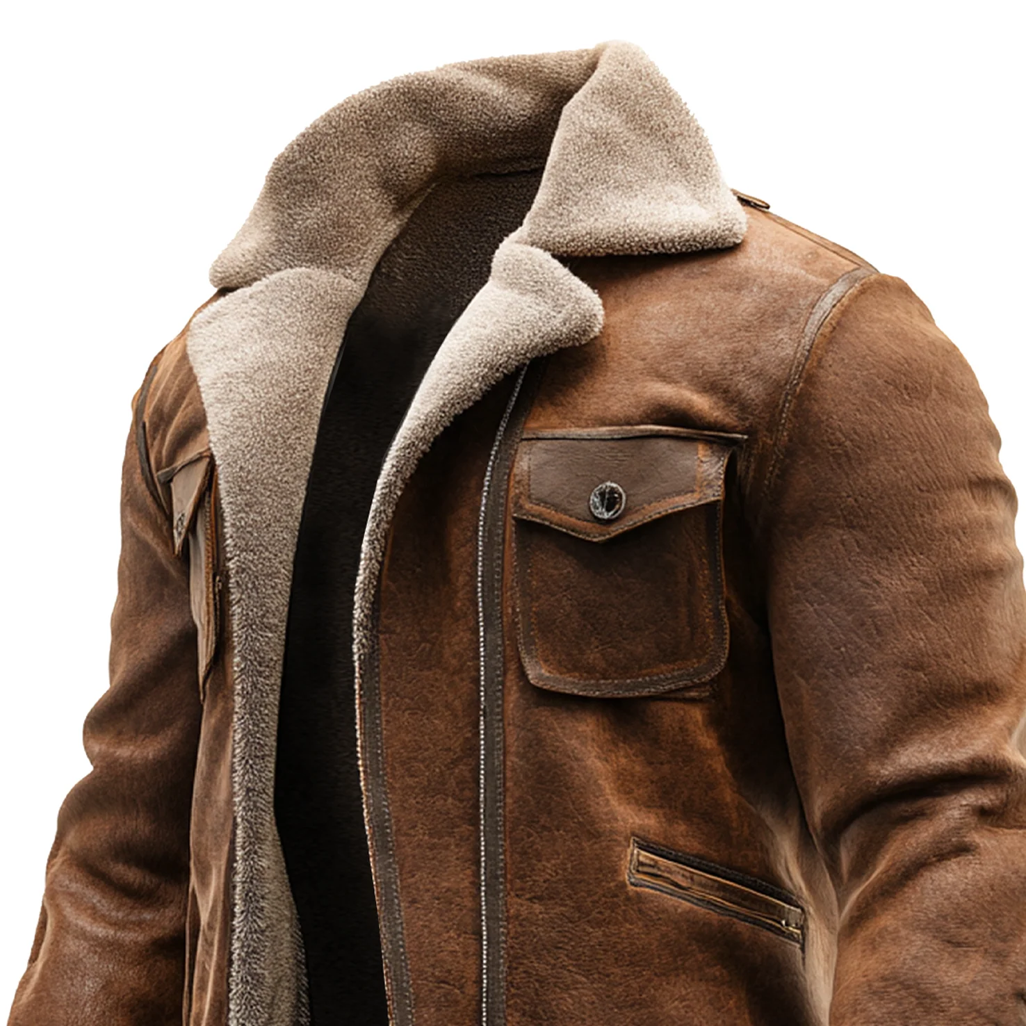 Veste en Cuir Marron Vintage avec Doublure en Fourrure Synthétique