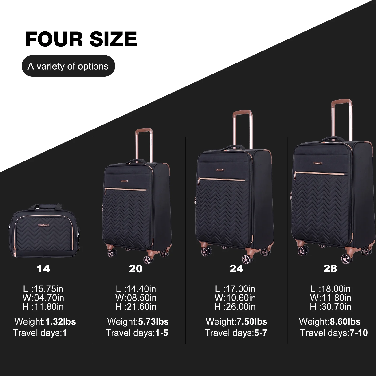 4 Piece Luggage Set Softside Expandable Lightweight Suitcase with Double Spinner Wheels.(Black)(Black/4) - Image 8