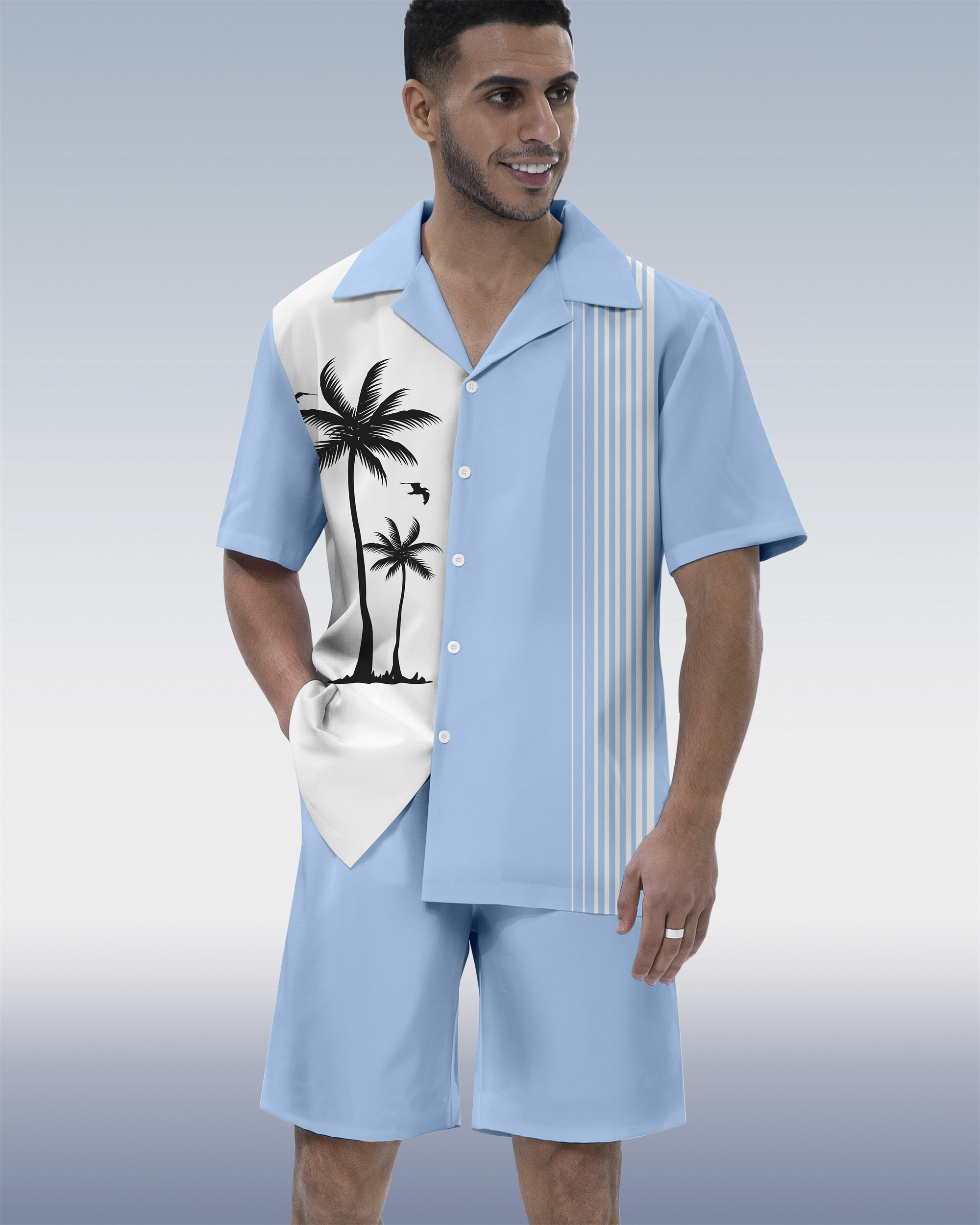 Ensemble chemise à manches courtes et col cubain imprimé tiki hawaïen pour homme 03