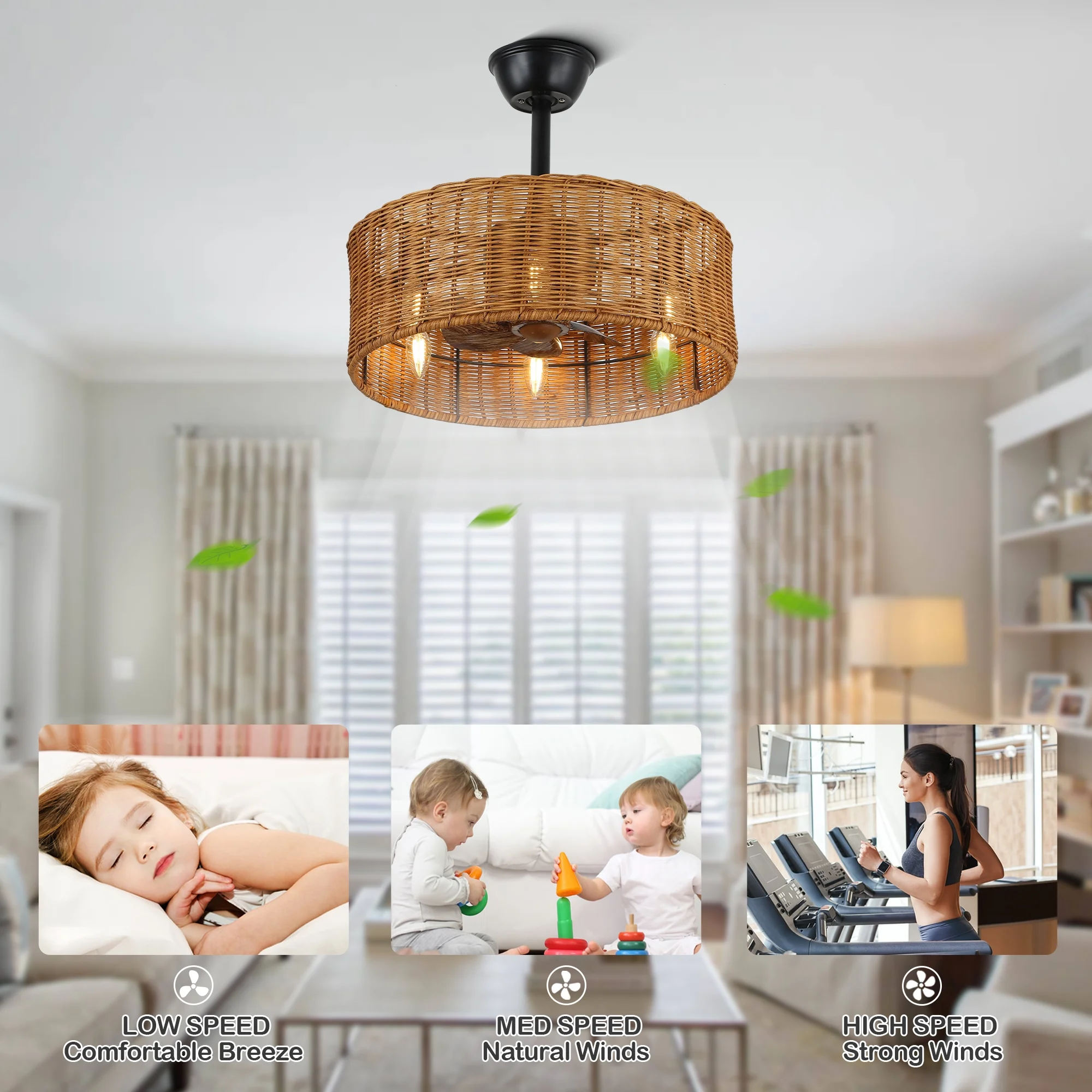 6-Light Bohemian Rattan-Woven Drum Ceiling Fan with Light and Remote Control, Bella Depot Black 3-Speed Chandelier