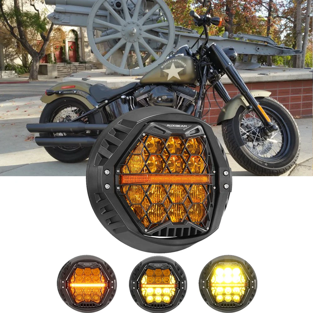 7 Inch 120W DOT Motorcycle LED Headlight Assembly with Amber DRL & Honeycomb Design (Hi/Lo Beam) for Softail Slim