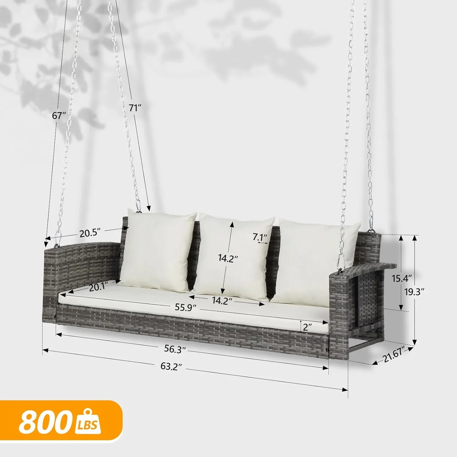 Zimtown Outdoor 5ft Wicker Hanging Porch Swing with Cushions & Chains,  800 lbs Rattan Swing Bench for Garden, Yard, Lawn (Grey+White)