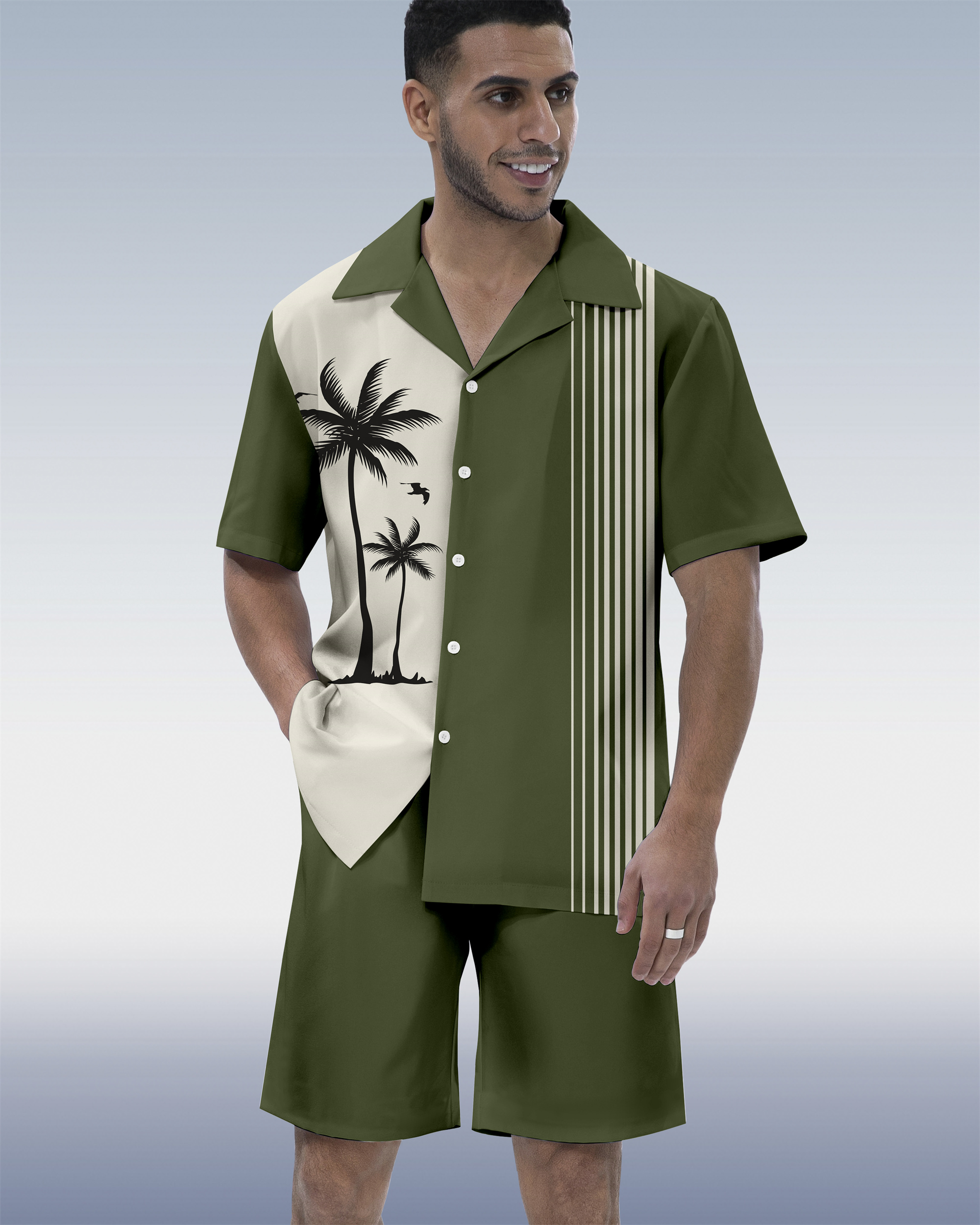 Ensemble chemise à manches courtes et col cubain imprimé tiki hawaïen pour homme 03