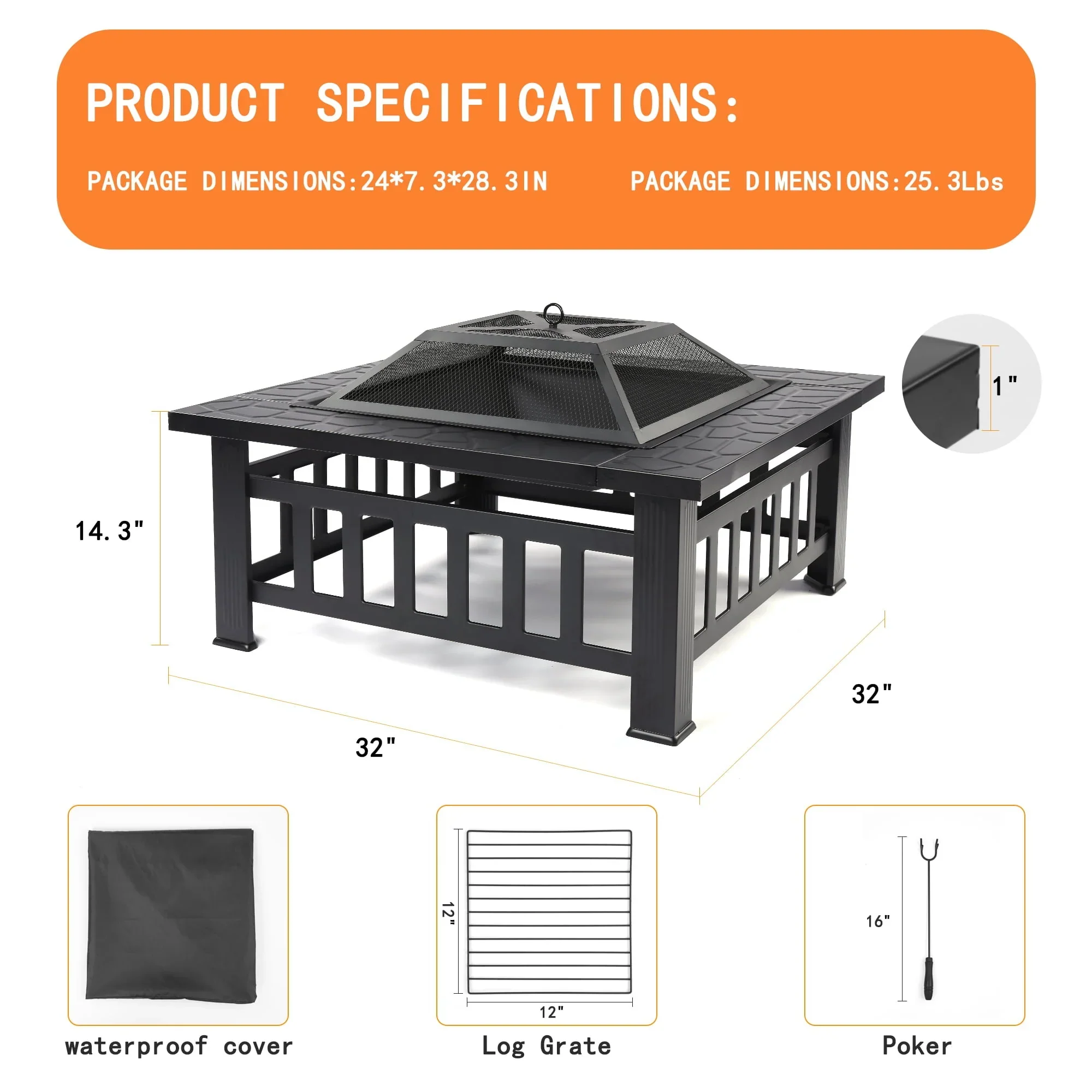 Wood Burning Fire Pits for Outside, 32 Square Iron Fire Pit Backyard Patio Garden Stove Wood Burning Fire Pit w/ BBQ Net, Waterprrof Cover, Mesh Screen Lid, Wood Grate, Poker, Durable Fire Pit