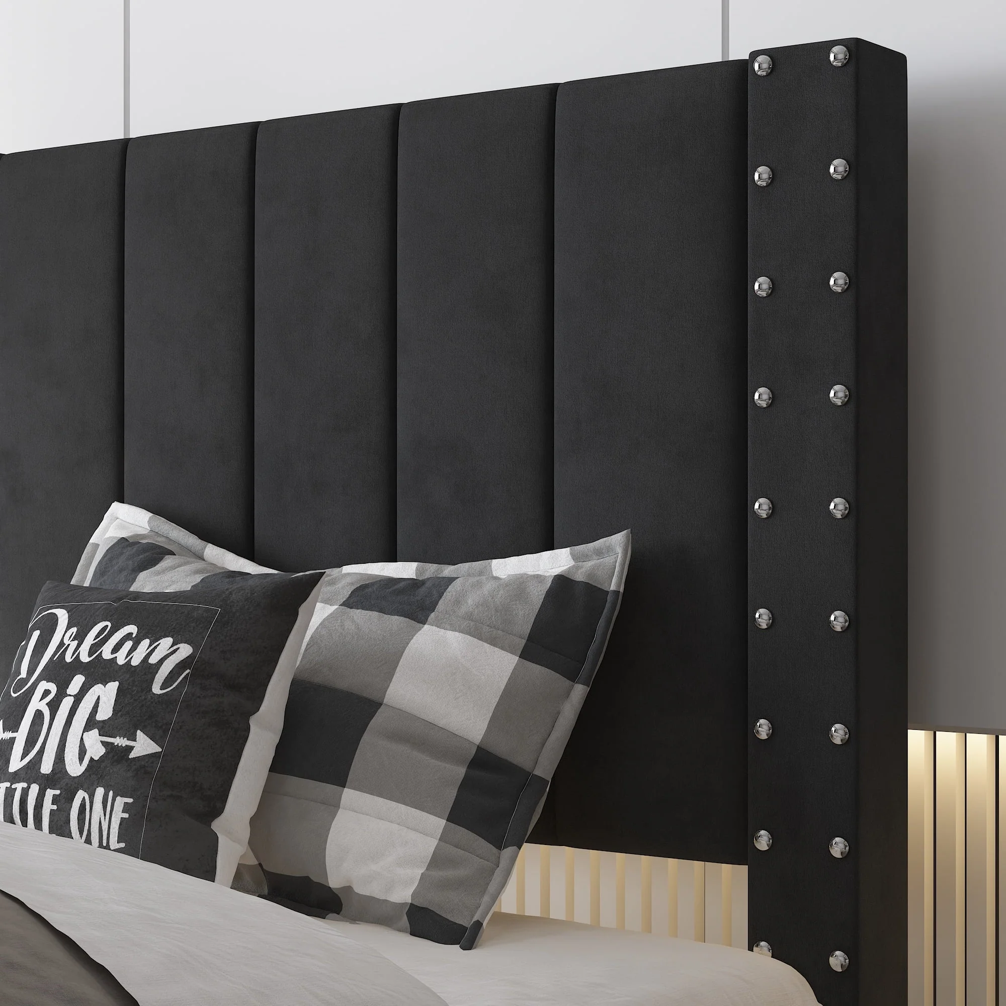 BTMWAY Twin Size Bed Frame, Upholstered Fabric Platform Bed with Riveted Decorative Headboard, No Box Spring Needed, Twin Bed Frame for Kids Teens Adults, 500lbs Capacity, Easy Assembly, Black(Twin/Beige)